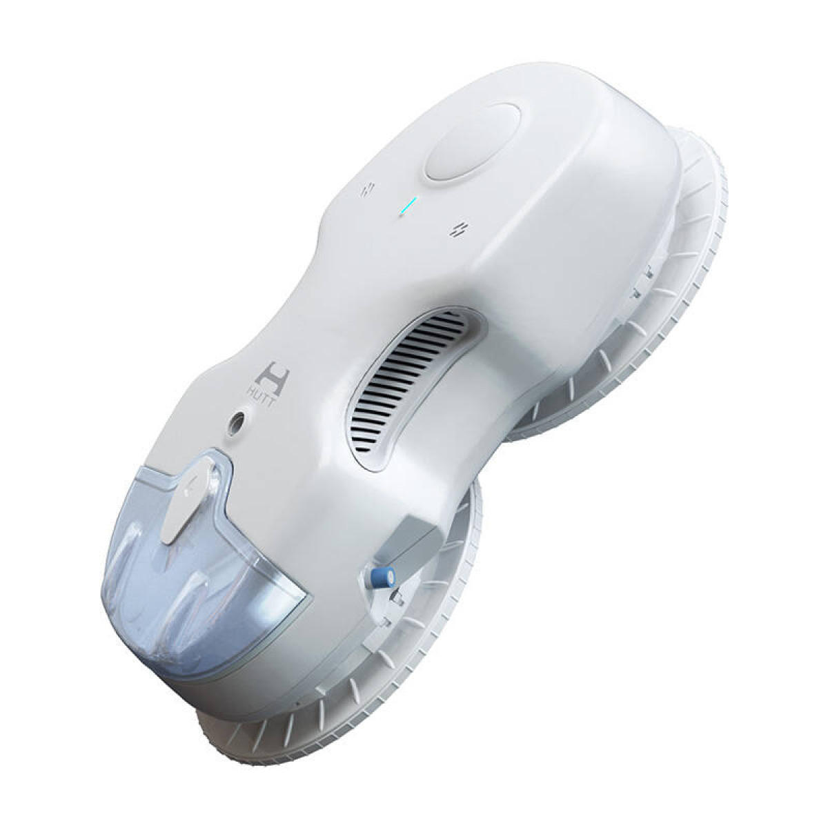 Pokazano biały robot do czyszczenia okien Hutt. Ma okrągły przycisk, przezroczysty zbiornik na wodę i dwie podkładki czyszczące.