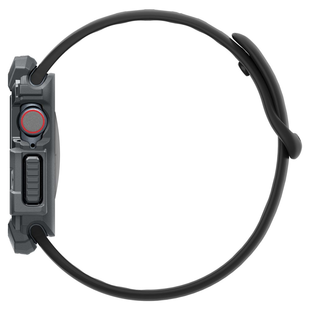 Widok z boku smartwatcha, ciemnoszara obudowa z czerwonym przyciskiem, czarny pasek. Białe tło.
