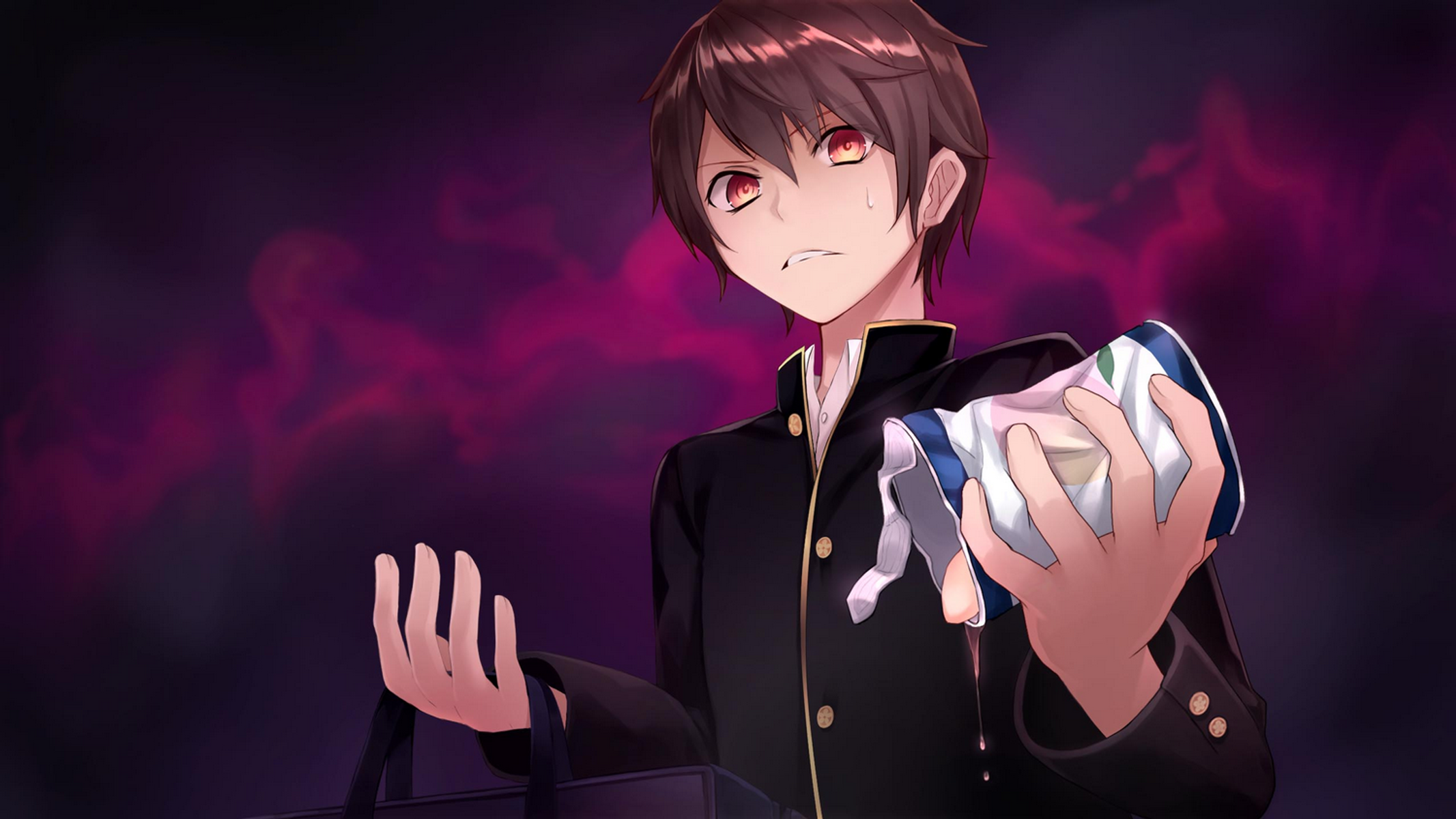 Ilustración de estilo anime de un chico con uniforme escolar sosteniendo un paño mojado. Fondo oscuro con formas púrpura similares al humo.