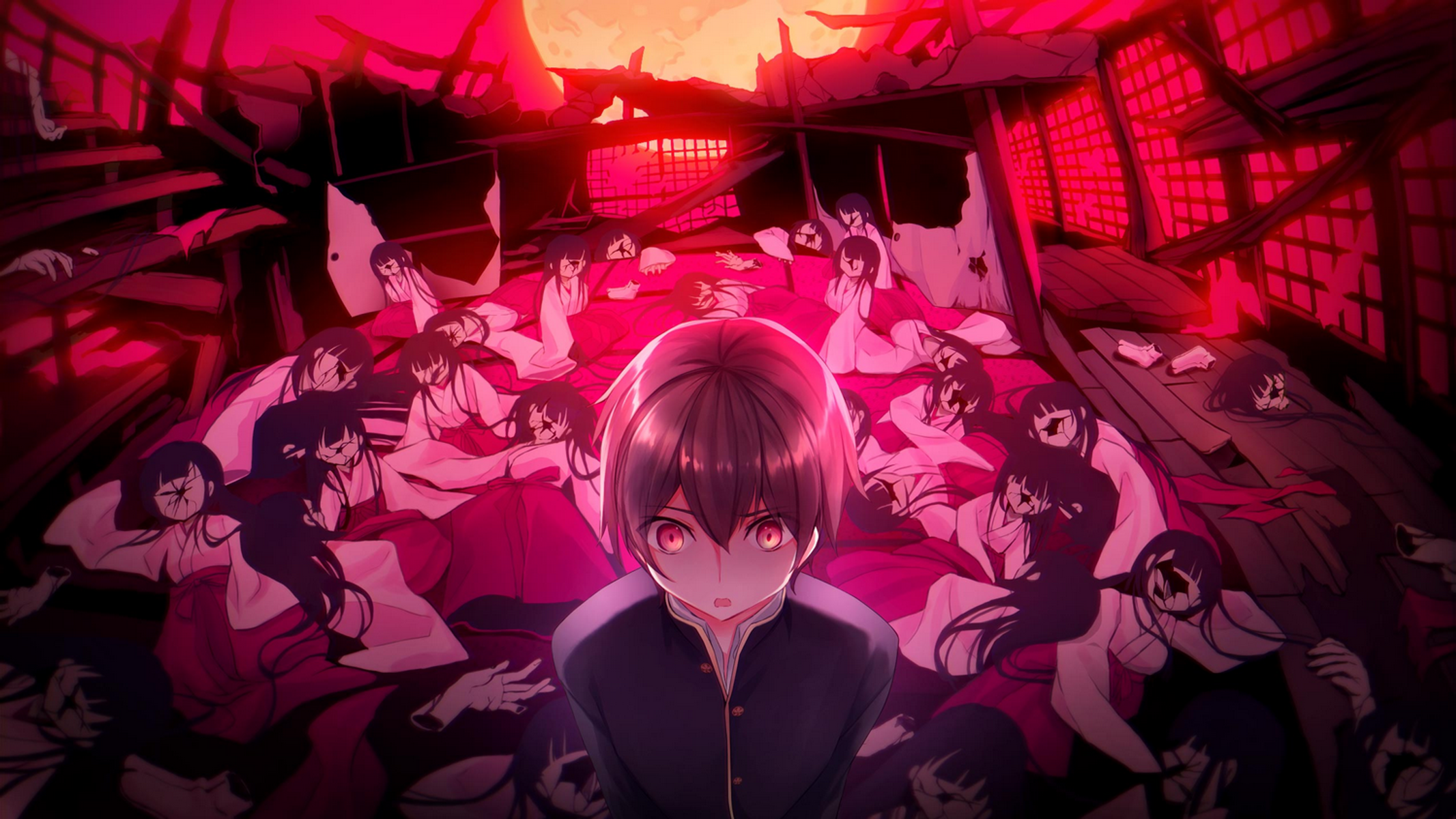 Arte in stile anime. Un ragazzo guarda avanti, circondato da figure in abiti bianchi e rossi, in un edificio distrutto sotto un cielo rosso.