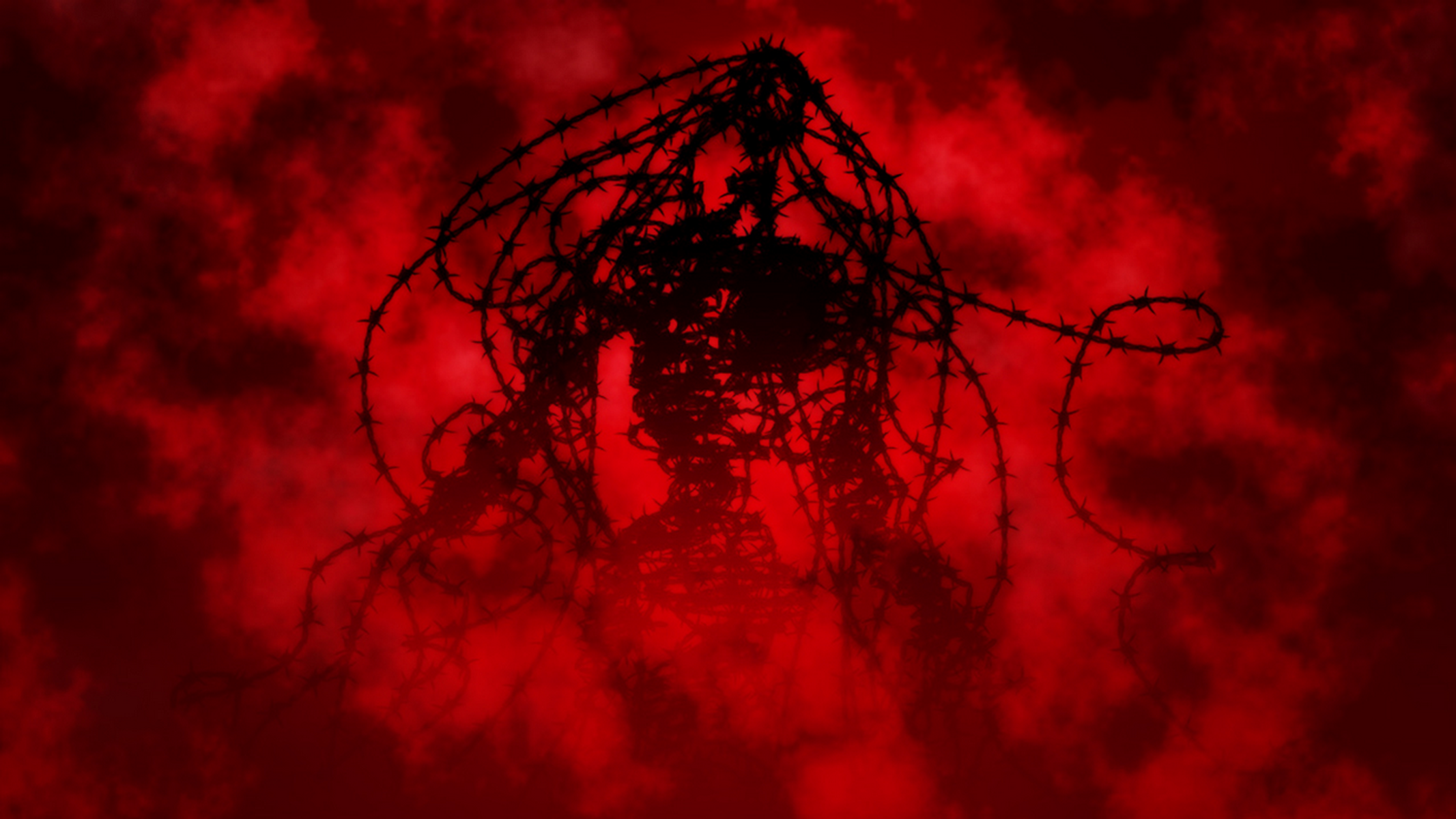 Una figura sagomata fatta di filo spinato si erge su uno sfondo rosso e nuvoloso, suggerendo una scena oscura e minacciosa.