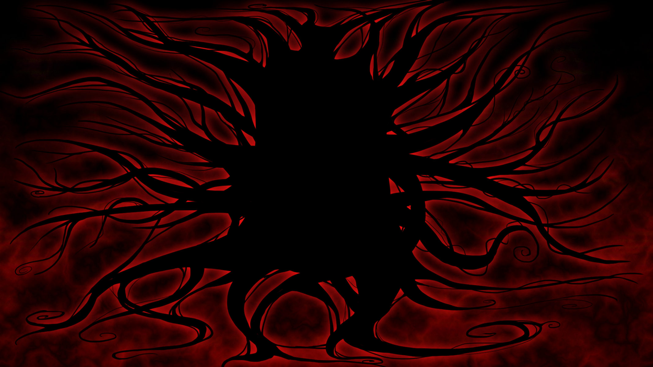 Immagine astratta con forma nera al centro, circondata da linee rosse che sembrano rami o vene, su sfondo rosso.