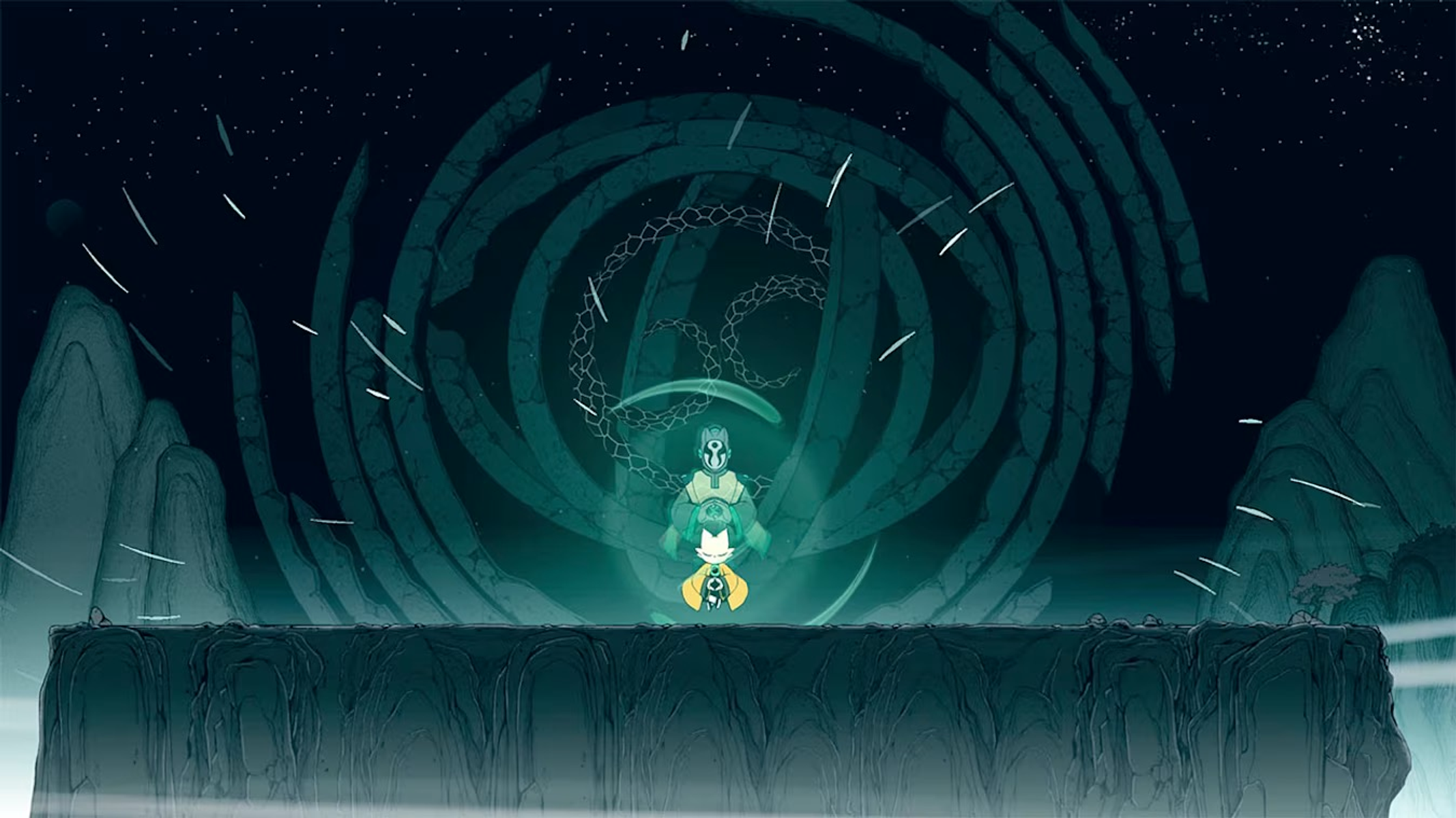 Una figura è in piedi su una scogliera, con una grande struttura a spirale dietro di loro. La scena è scura con stelle e montagne.