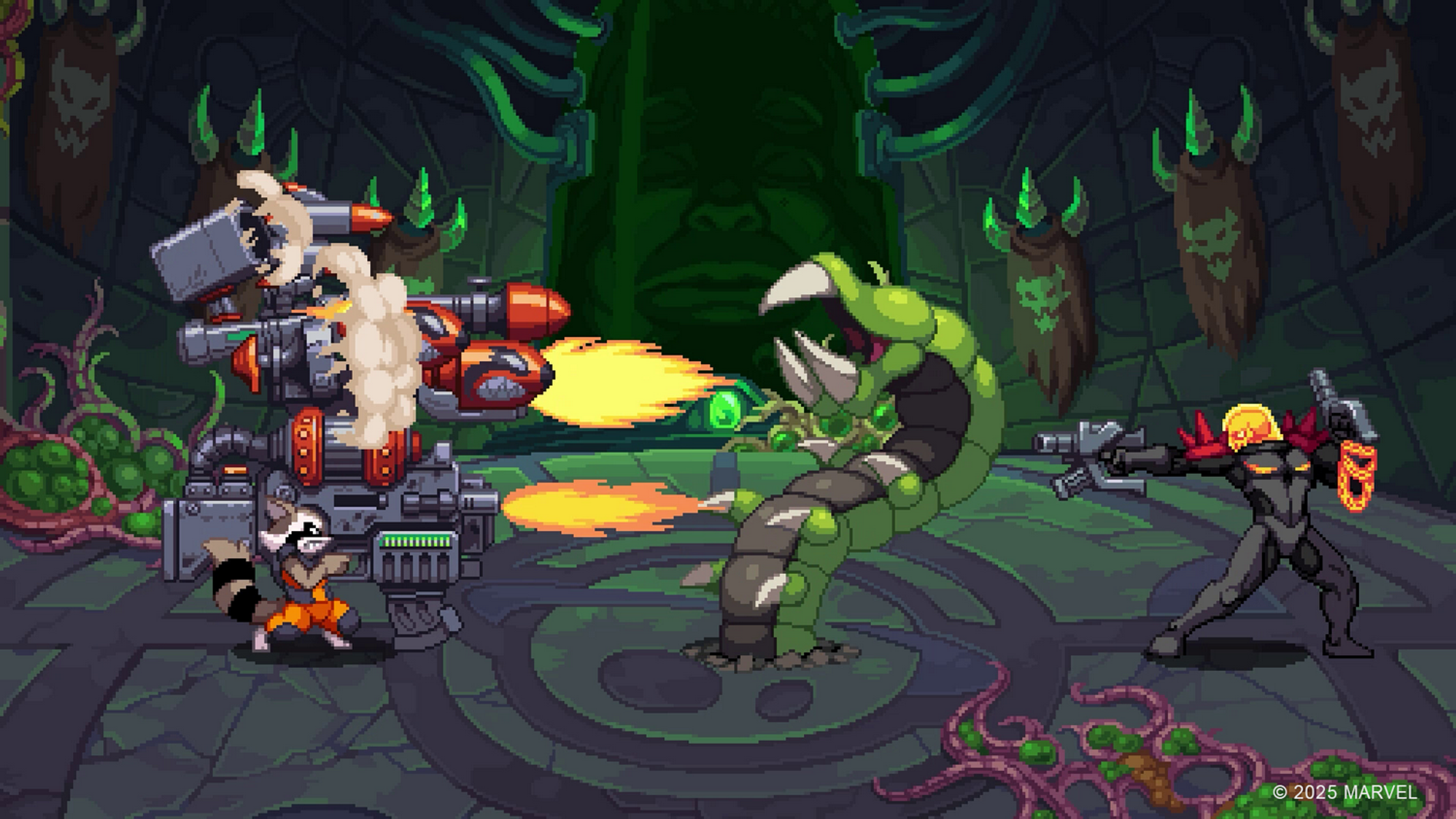 Rocket Raccoon i Ghost Rider walczą z gigantycznym owadem. Wybuchy i ogień w pikselowym środowisku science-fiction.