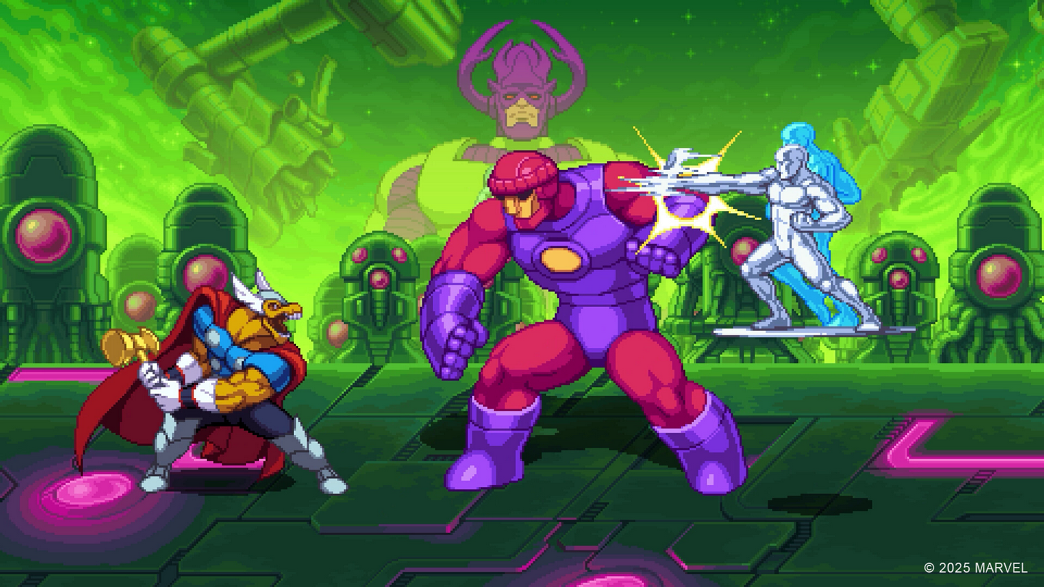 Scena z pikseli przedstawiająca bohaterów walczących ze złoczyńcami. Sentinel uderza, Silver Surfer się pojawia, Thor z młotem. Galactus w tle.