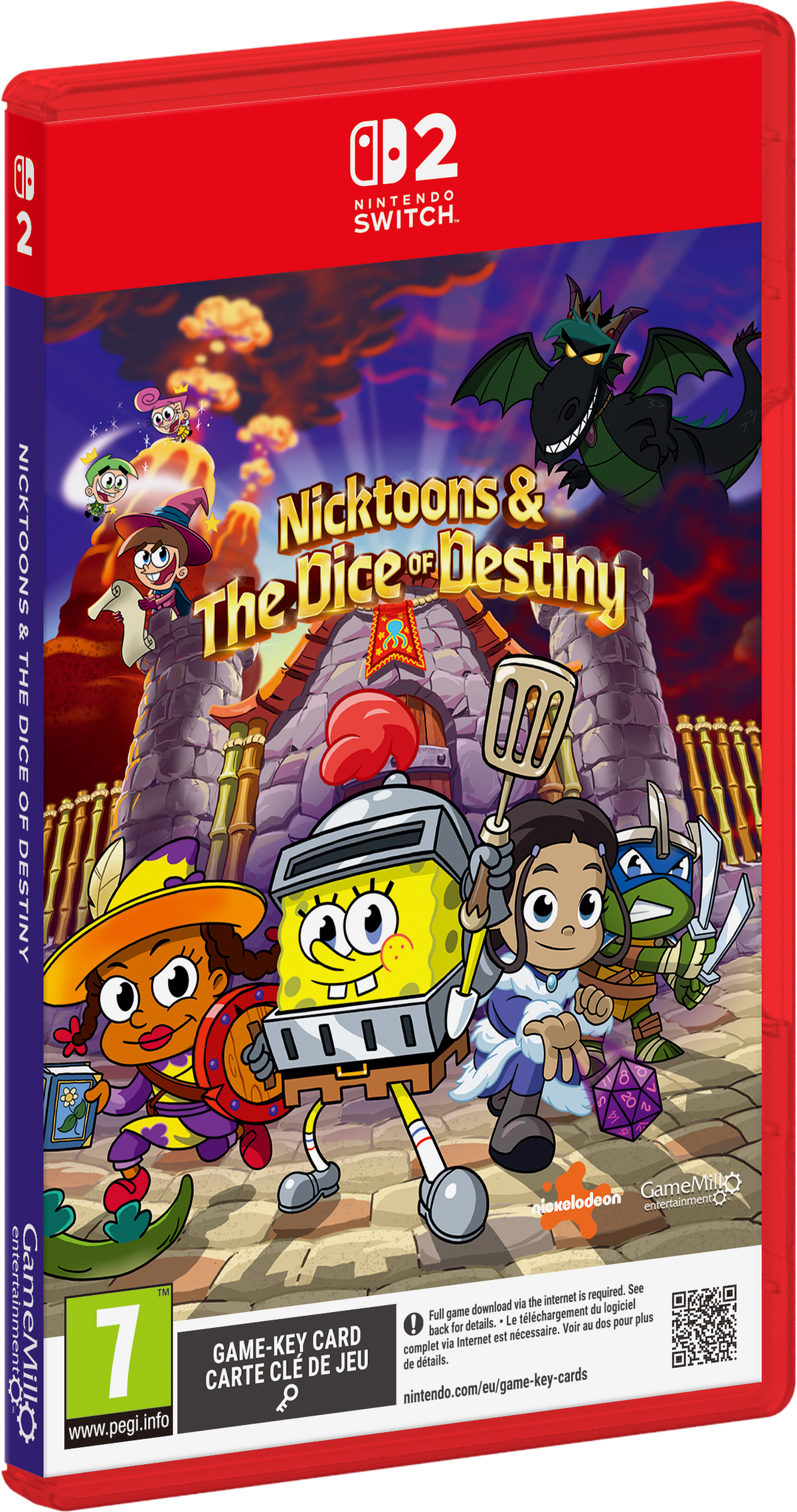 Grafika pudełka gry Nicktoons & The Dice of Destiny, z postaciami z kreskówek, w tym Spongebobem.