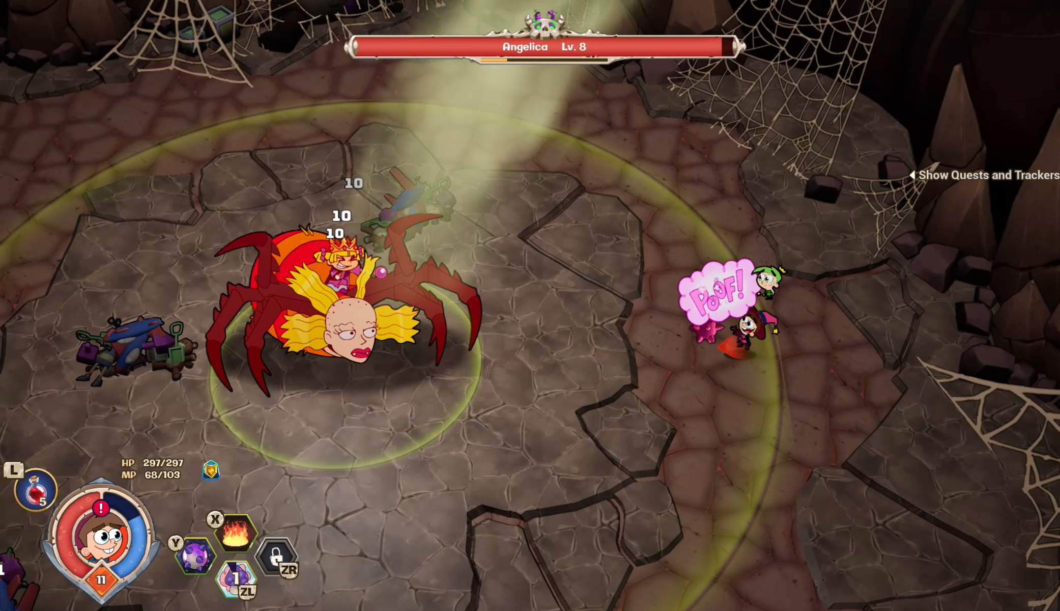 Scena z gry przedstawia stworzenie podobne do pająka walczące z postaciami w kamiennym otoczeniu z paskami zdrowia i przyciskami akcji.