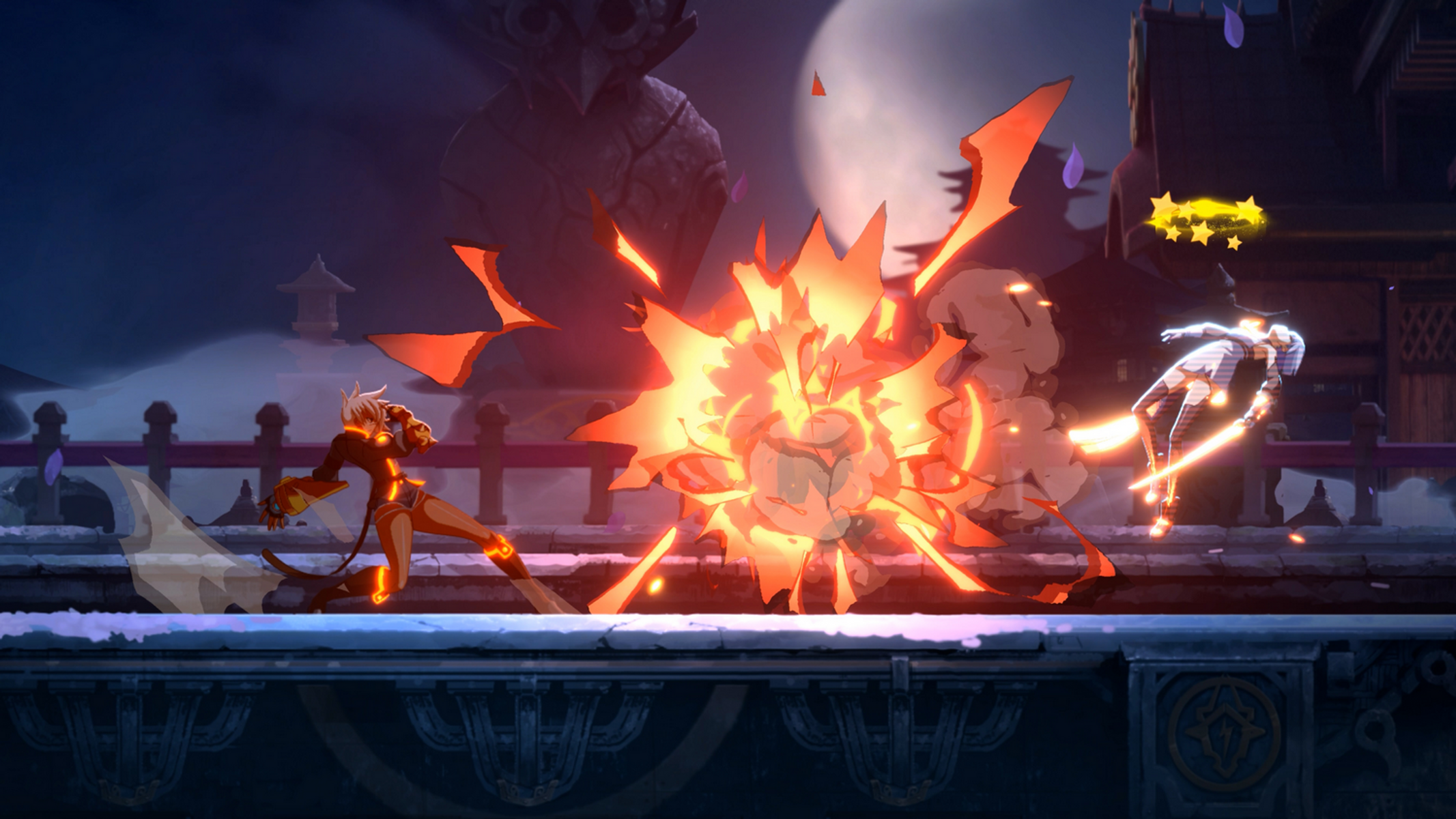 Escena de estilo anime. Un personaje en naranja ataca, creando una explosión de fuego. Otra figura está en el aire con una espada.