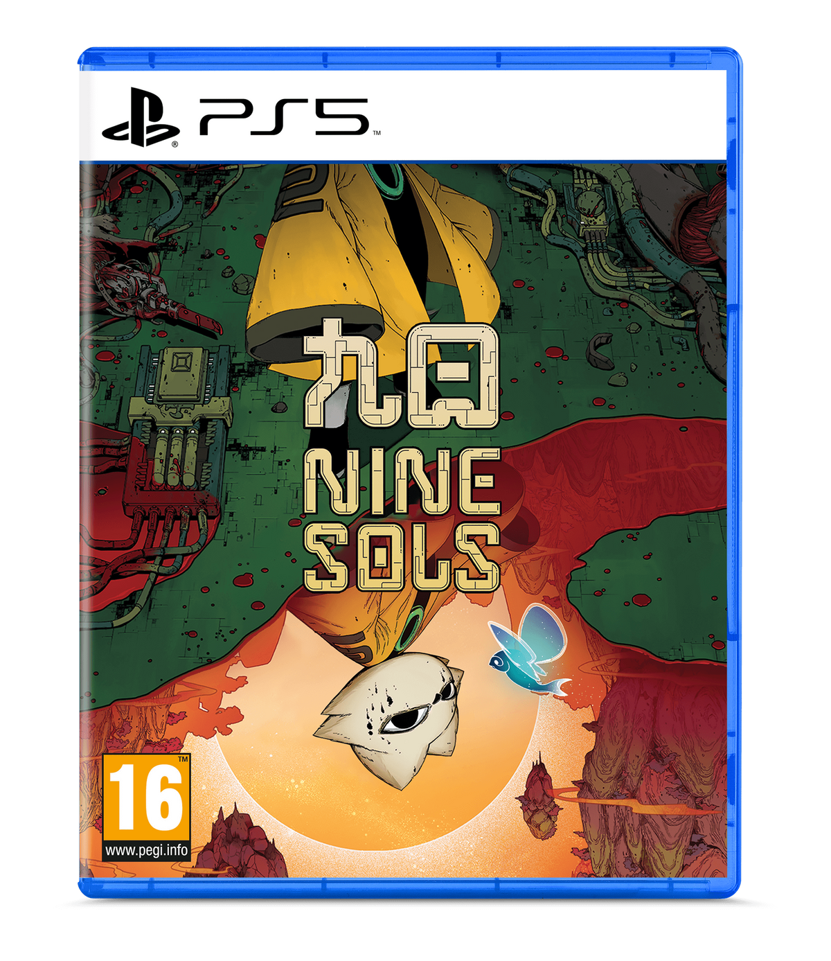 Custodia del gioco PS5 per Nine Sols. L'artwork di copertina presenta un personaggio in giallo, viso bianco, un uccello blu e sfondo verde e rosso.