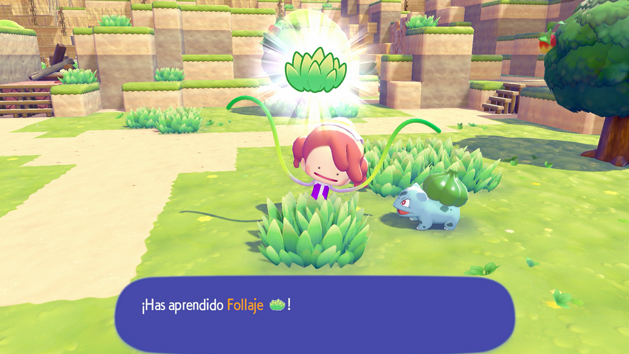 Un personaggio sta imparando una mossa. Un Pokemon è accanto al personaggio. Lo sfondo ha un paesaggio verde e marrone.