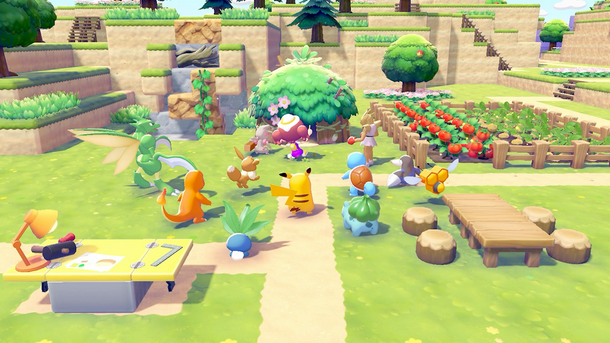 Una scena colorata con personaggi dei cartoni animati in un paesaggio con alberi, un giardino e un tavolo con attrezzi.
