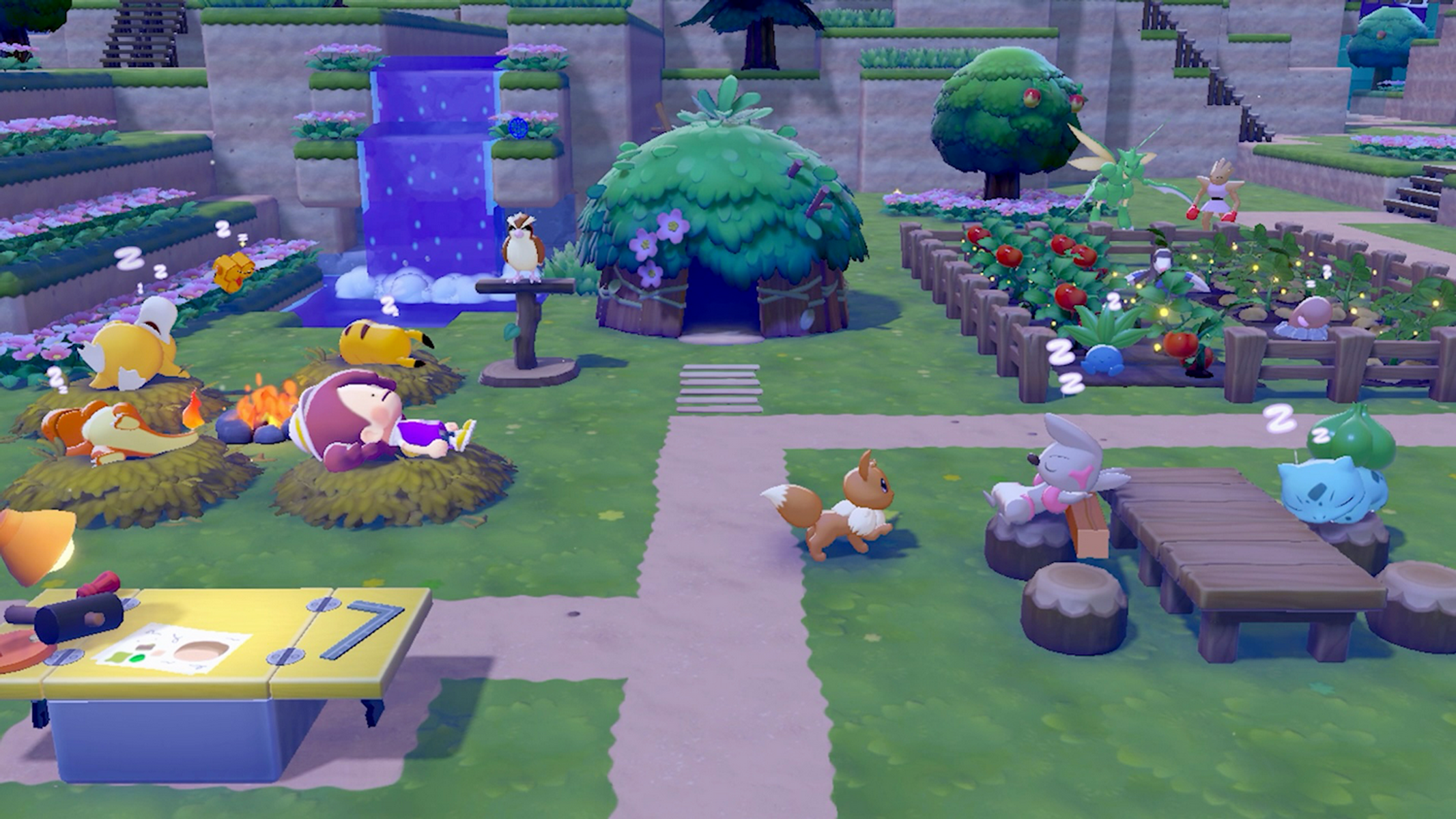 Una scena di giardino colorata con vari Pokemon a riposo. Sono visibili anche una cascata, una capanna e un tavolo. Alcuni dormono.