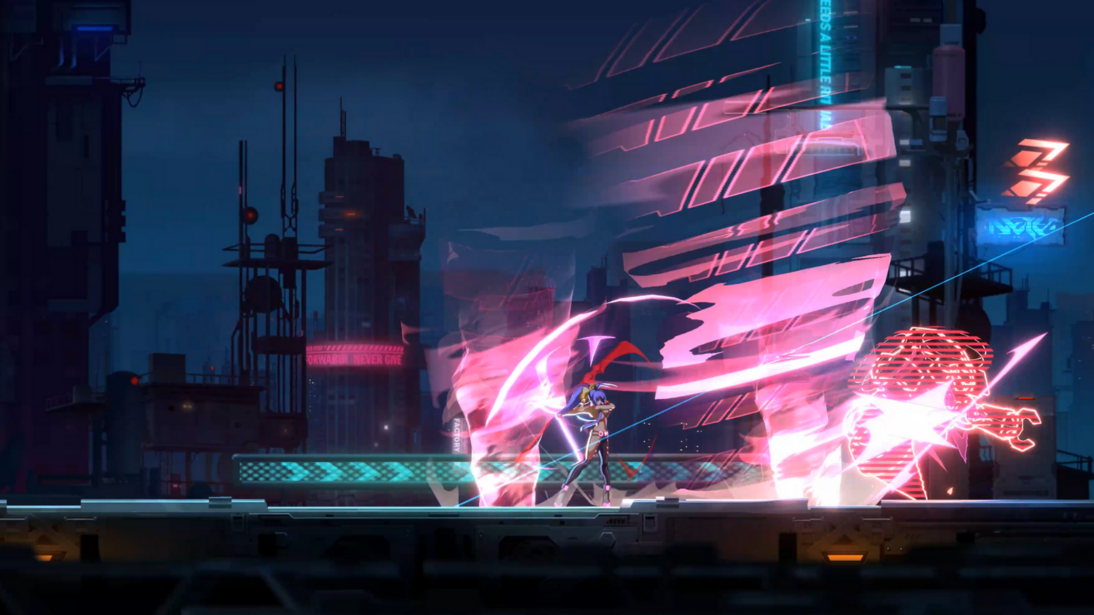 Un paesaggio urbano futuristico con una figura femminile in azione, effetti energetici e luci al neon. Il blu scuro e il rosa dominano.