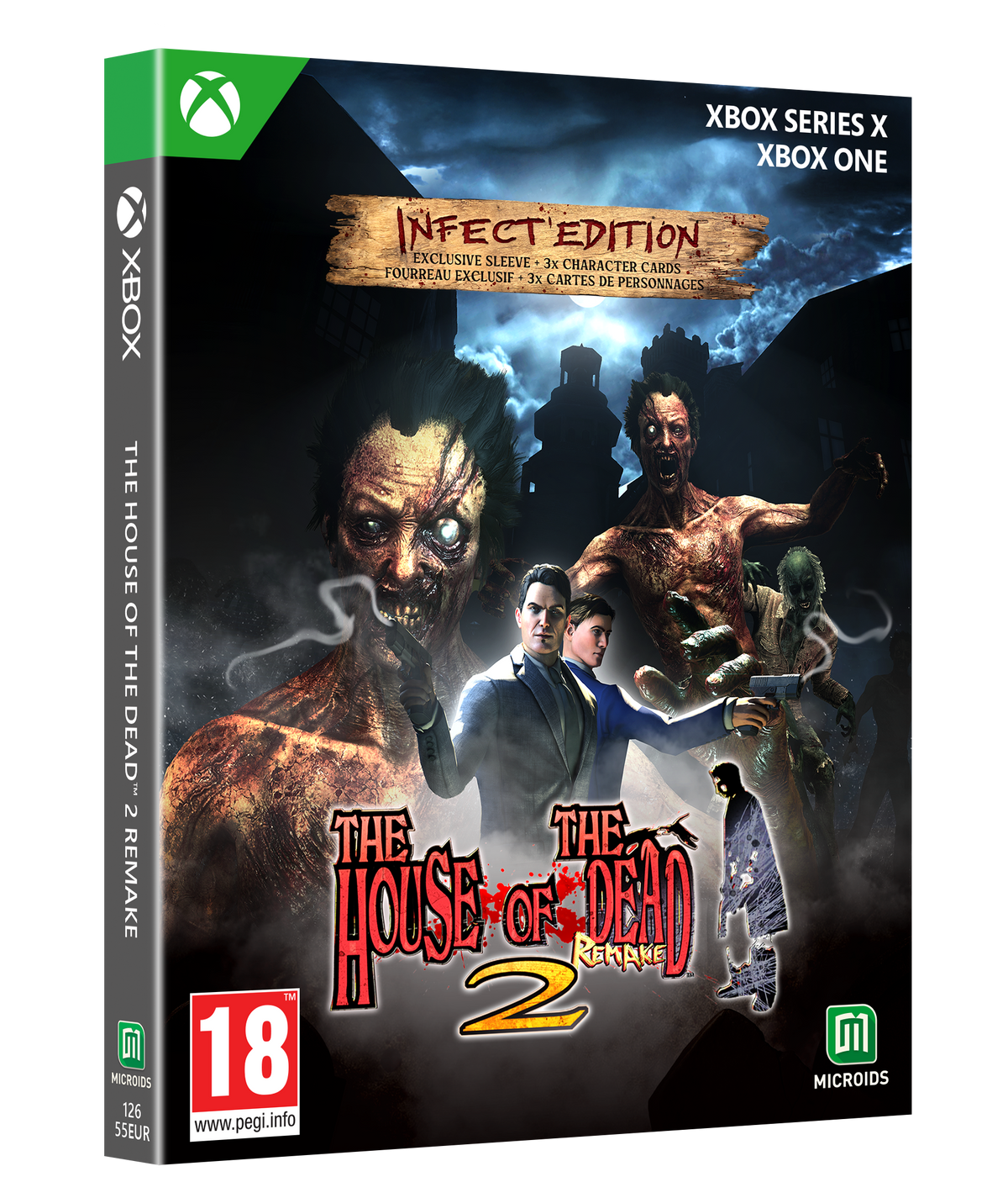 Okładka gry The House of the Dead 2 Remake. Zawiera zombie, dwóch mężczyzn z bronią i logo gry, z logo Xbox.