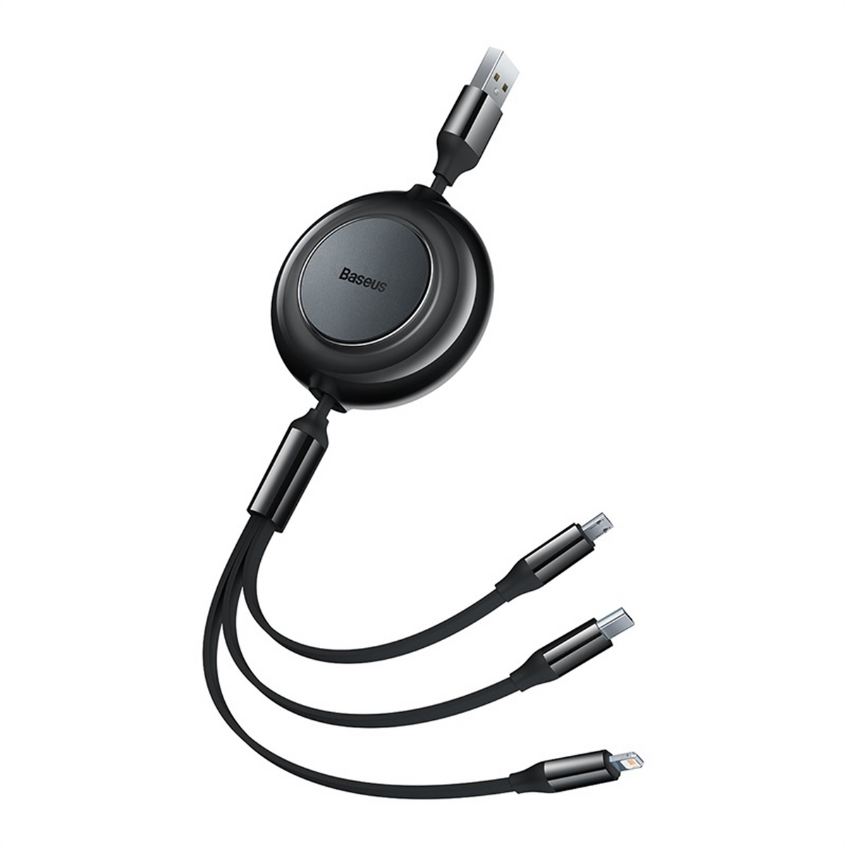 Schwarzes, einziehbares Baseus-Ladekabel mit USB-, Typ-C-, Micro-USB- und Lightning-Anschlüssen auf weißem Hintergrund.