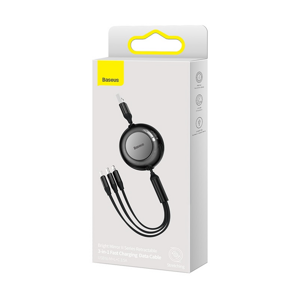 Ein Baseus 3-in-1 einziehbares Datenkabel wird in seiner Box angezeigt. Die Box hat ein gelbes Logo. Das Kabel ist schwarz und silber.