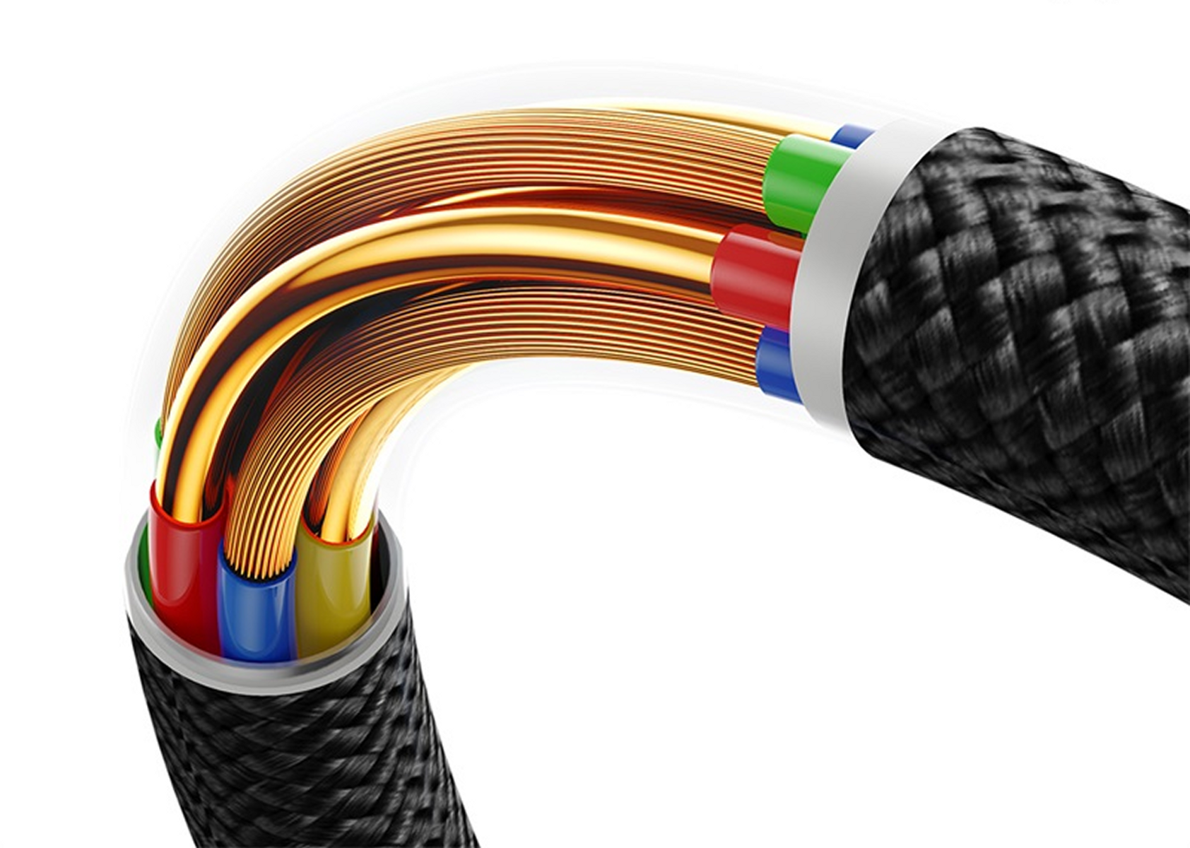 Primer plano de un cable. Se ven cables de cobre, cables de colores y una capa exterior trenzada negra.