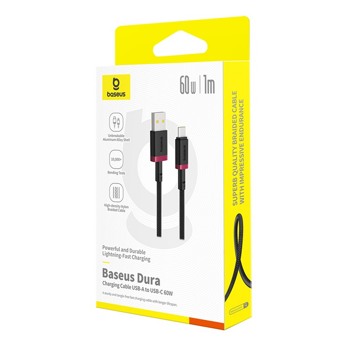 Una caja de cable de carga Baseus Dura. Tiene un diseño amarillo y blanco, mostrando el cable y sus características.