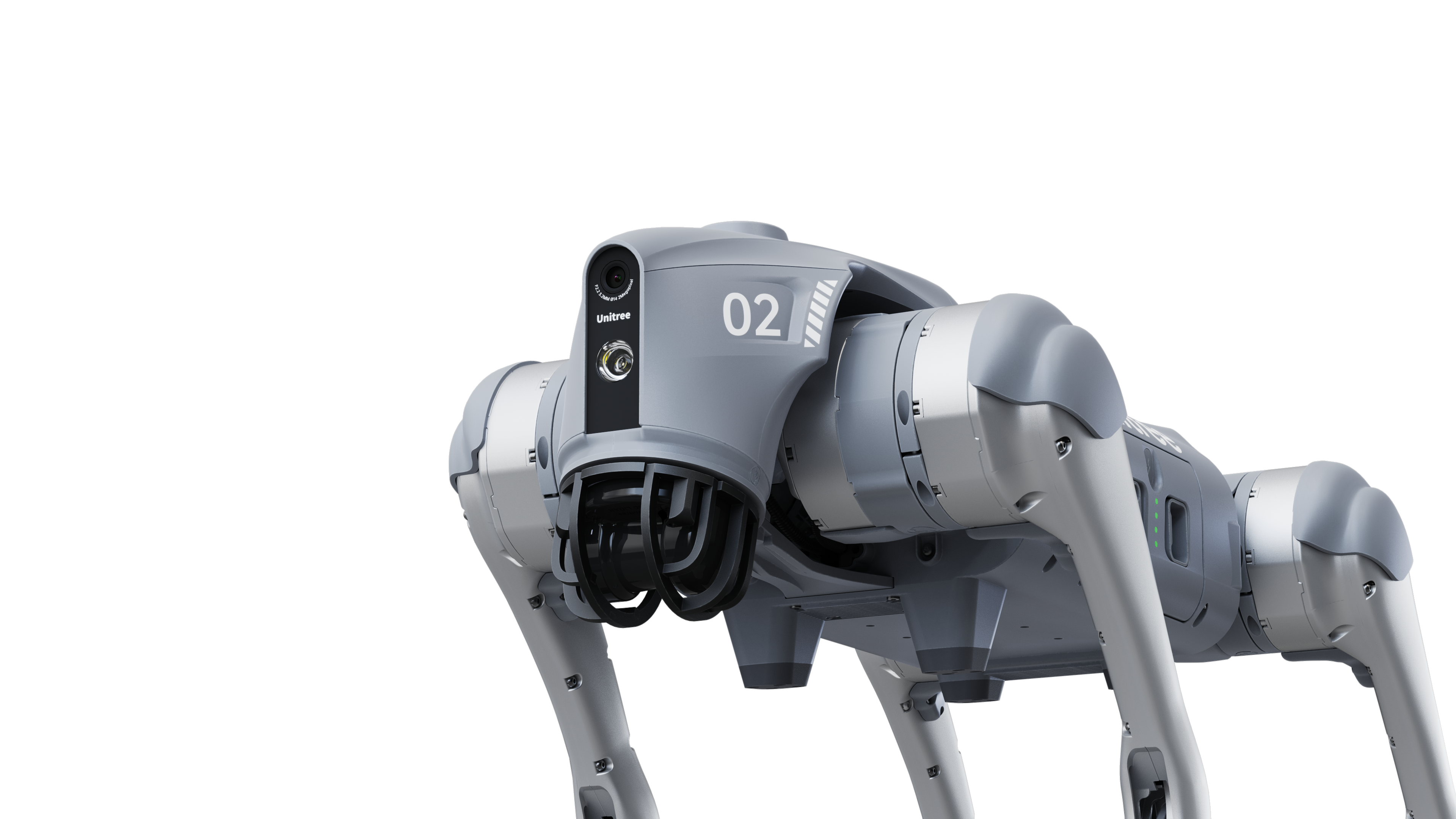 Ein grauer, vierbeiniger Roboter mit Kamera und der Nummer 02. Er hat einen schwarzen Hintergrund.
