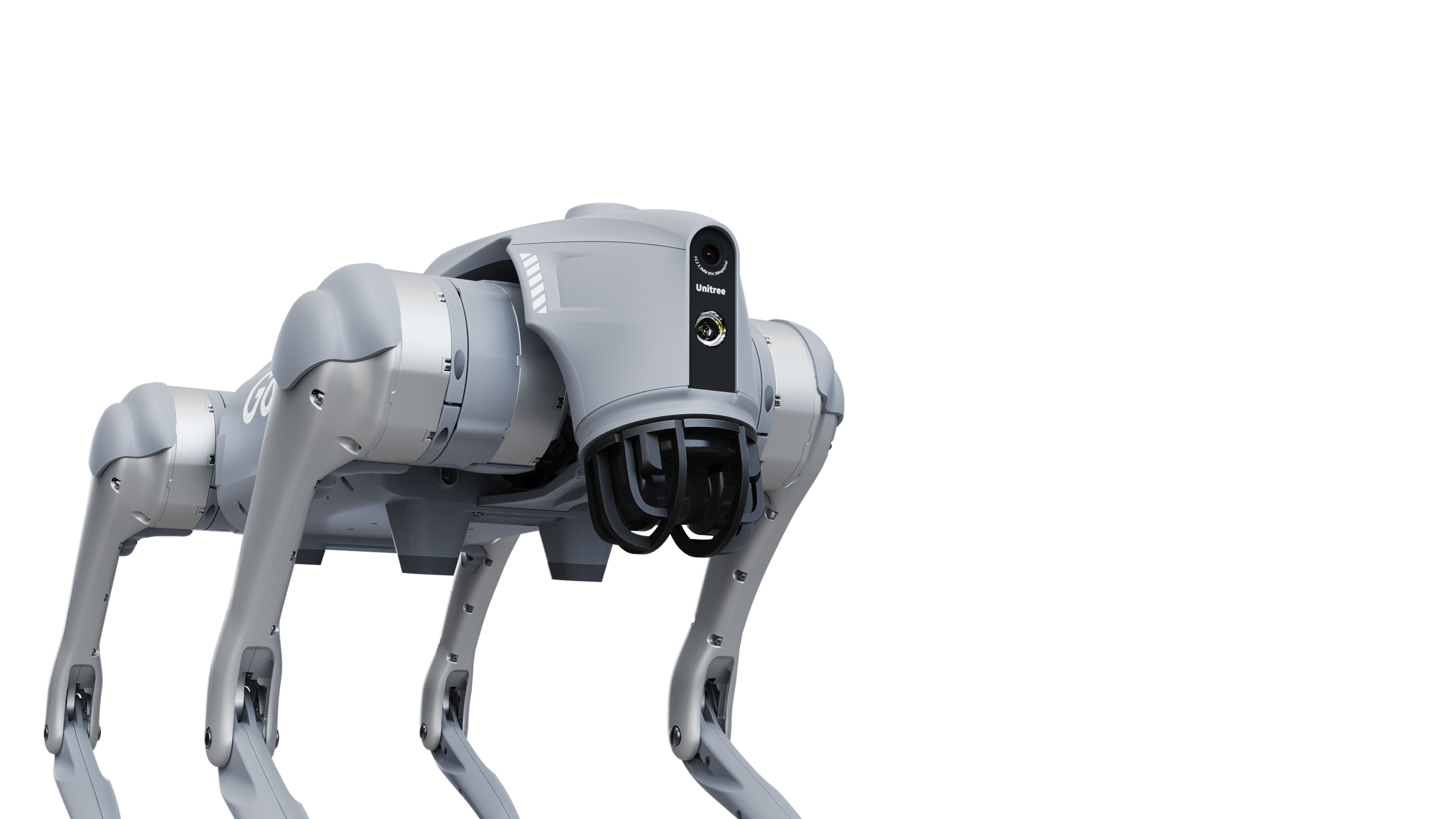 Ein grauer vierbeiniger Roboter mit dem Wort Unitree darauf. Er hat eine Kamera auf dem Kopf und steht auf schwarzem Hintergrund.
