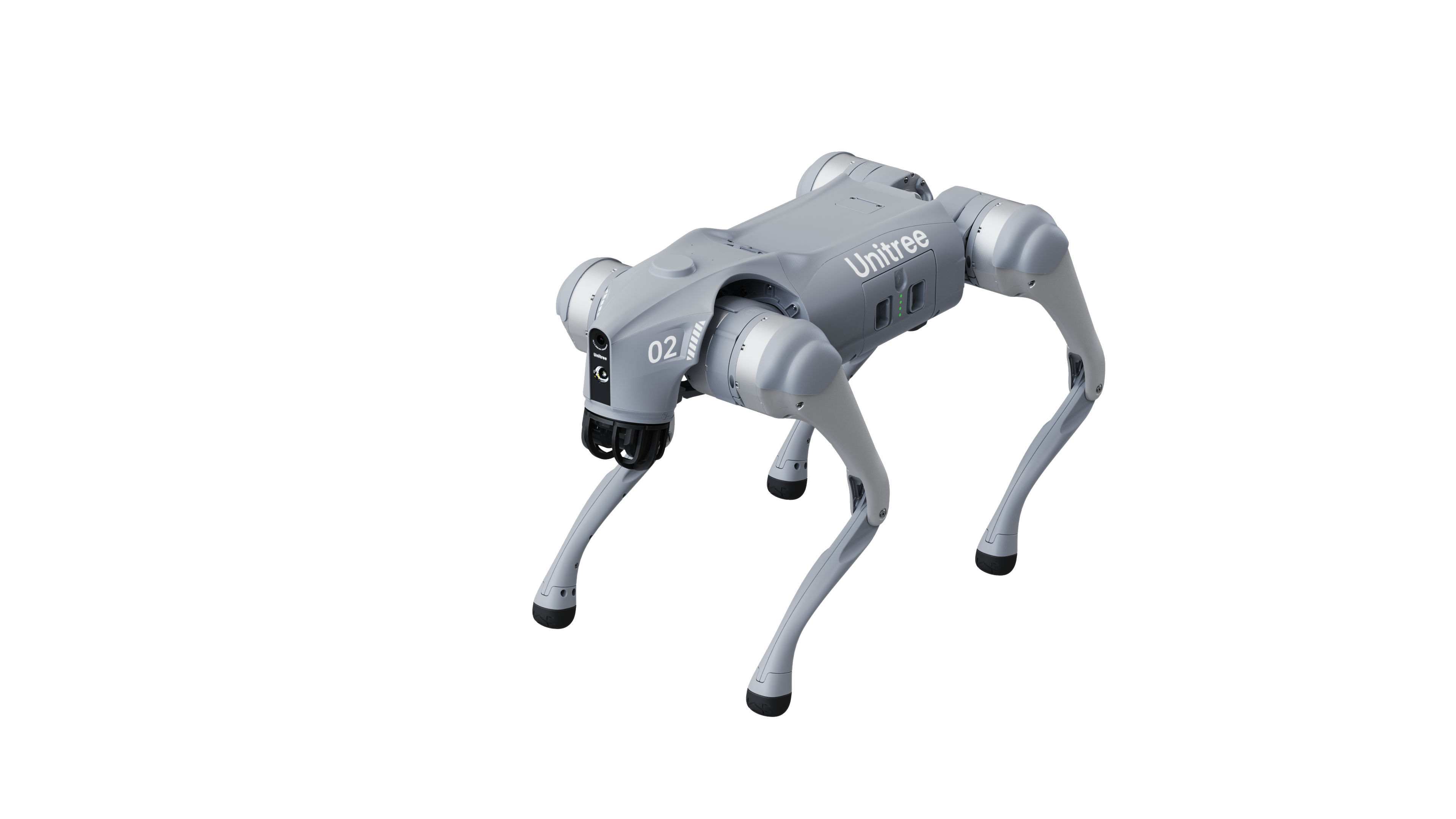 Ein grauer Unitree-Roboterhund steht auf vier Beinen. Der Hintergrund ist schwarz.