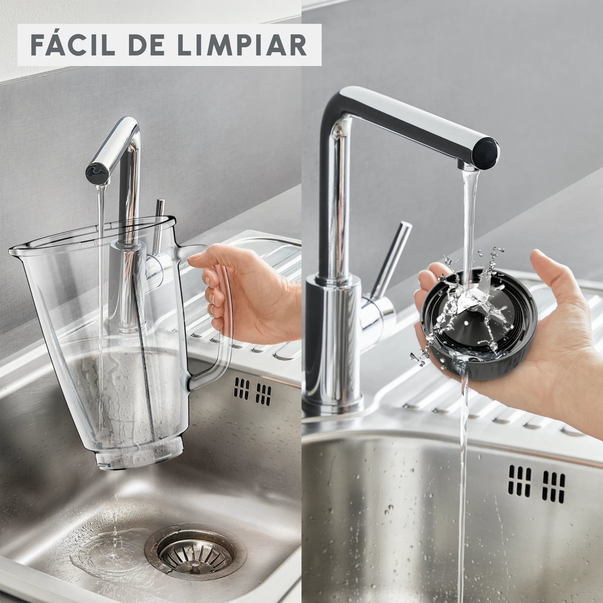 Ein Wasserhahn gießt Wasser in einen Mixer und einen Deckel mit Klingen. Der Mixer befindet sich in einem Edelstahlbecken.