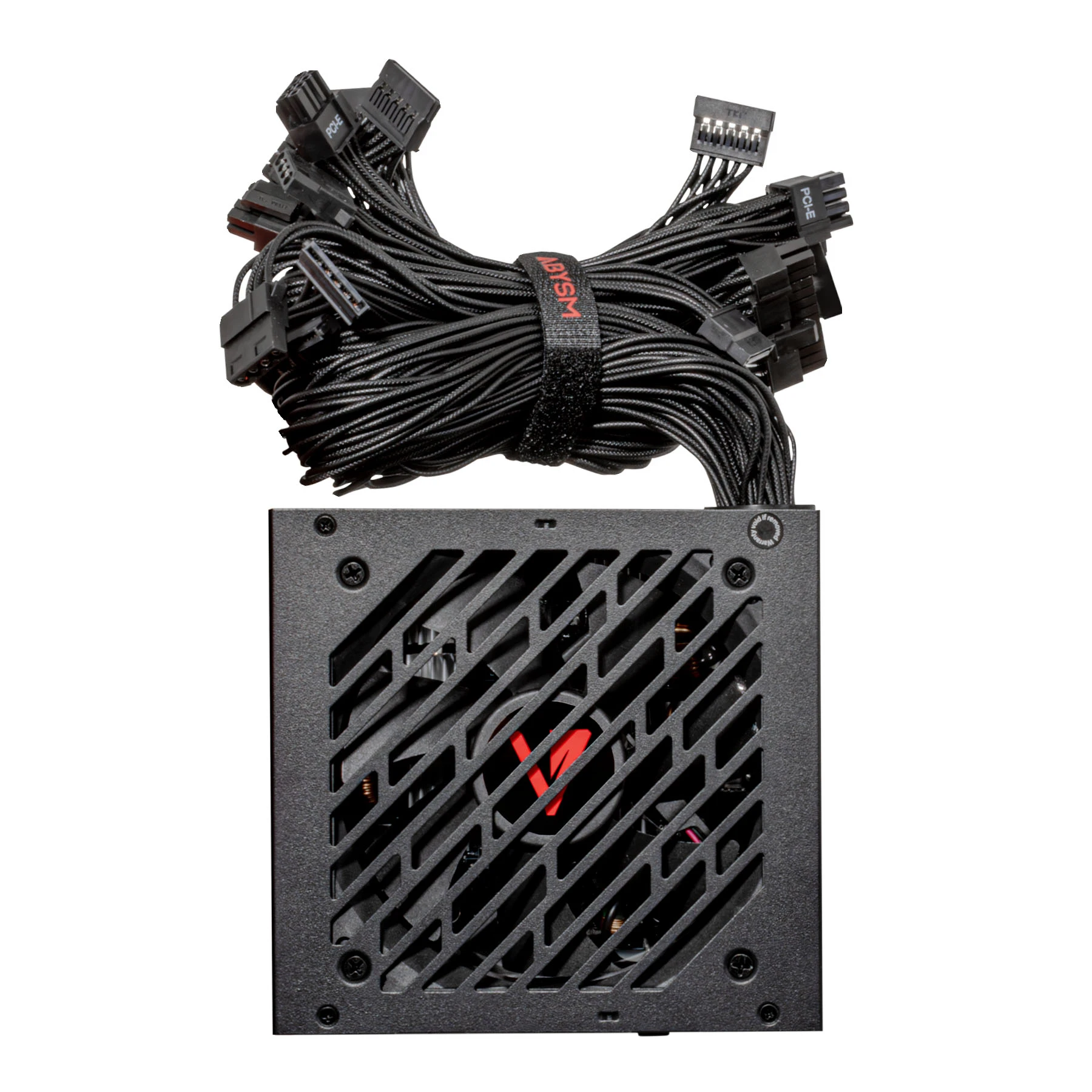 Una fuente de alimentación para computadora con cables y conectores negros, un ventilador negro y un logotipo rojo. Los cables están agrupados.