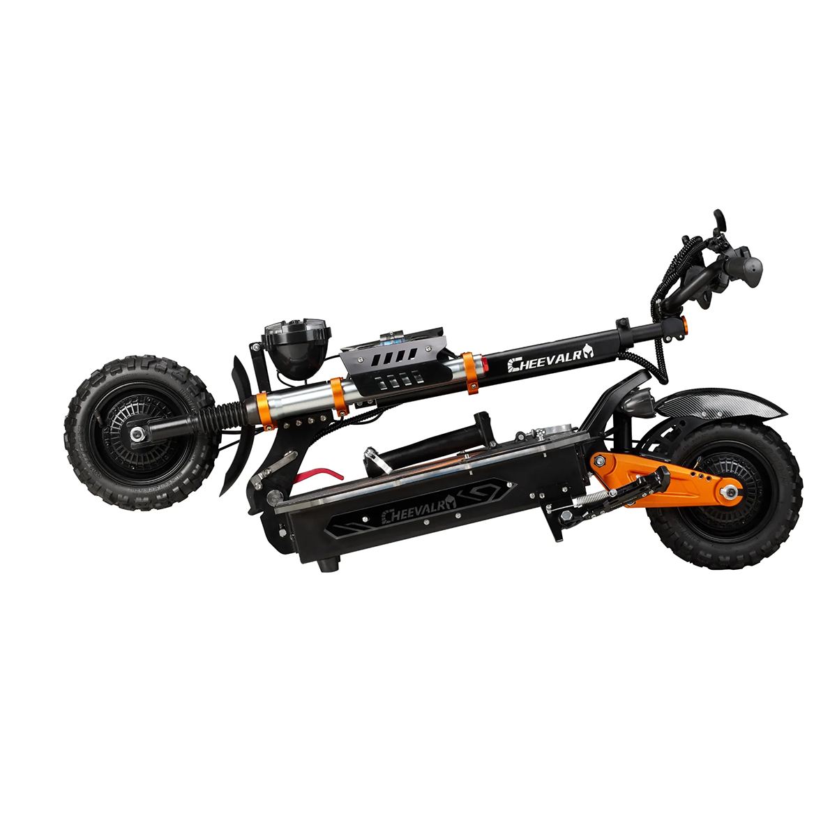 Czarno-pomarańczowa hulajnoga elektryczna z dużymi oponami, marki 'HEEVALR'. Hulajnoga na białym tle, ustawiona pod kątem z boku.