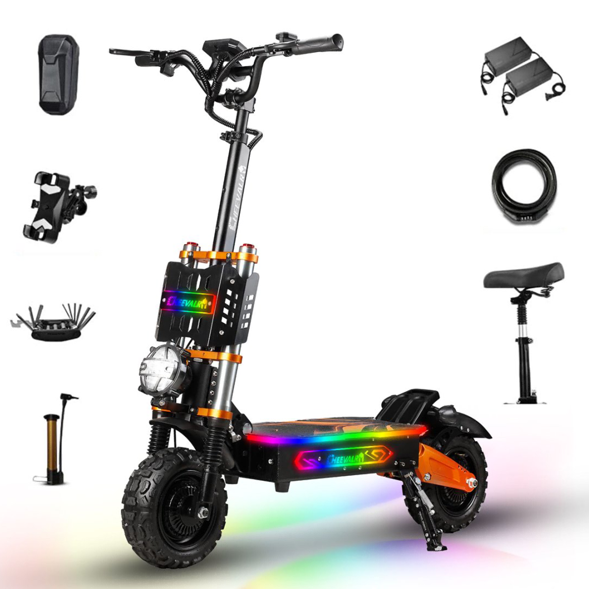 Hulajnoga elektryczna z akcesoriami. Posiada czarną ramę, pomarańczowe akcenty i kolorowe światła LED. Zawiera narzędzia, ładowarki i siedzenie.