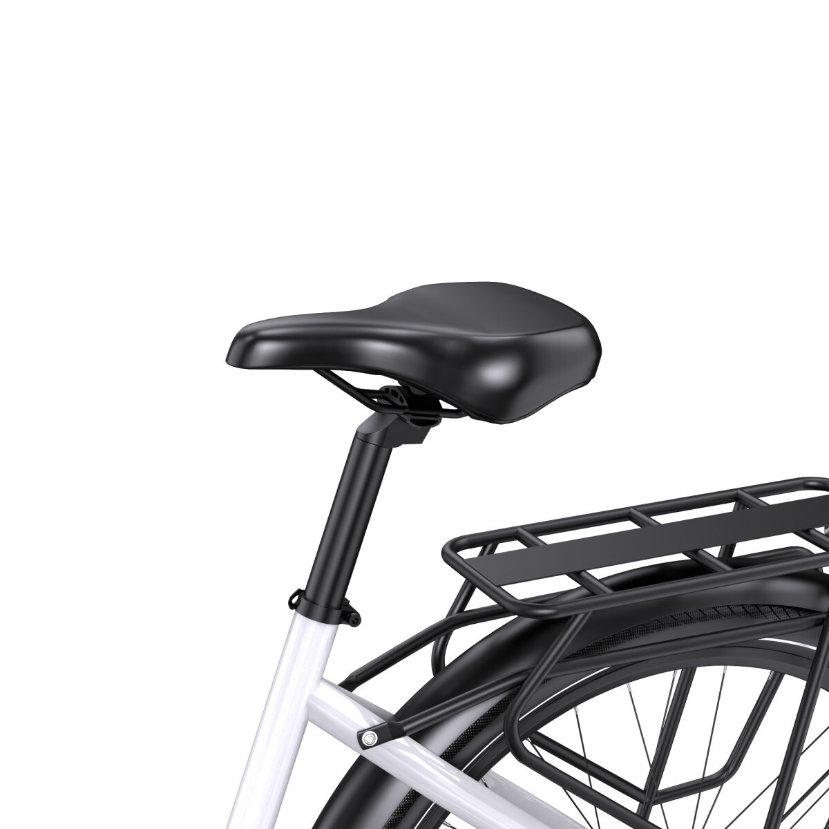 Zbliżenie siodełka rowerowego, bagażnika i tylnego koła. Siodło jest czarne, rama biała, a bagażnik czarny. Tło jest białe.
