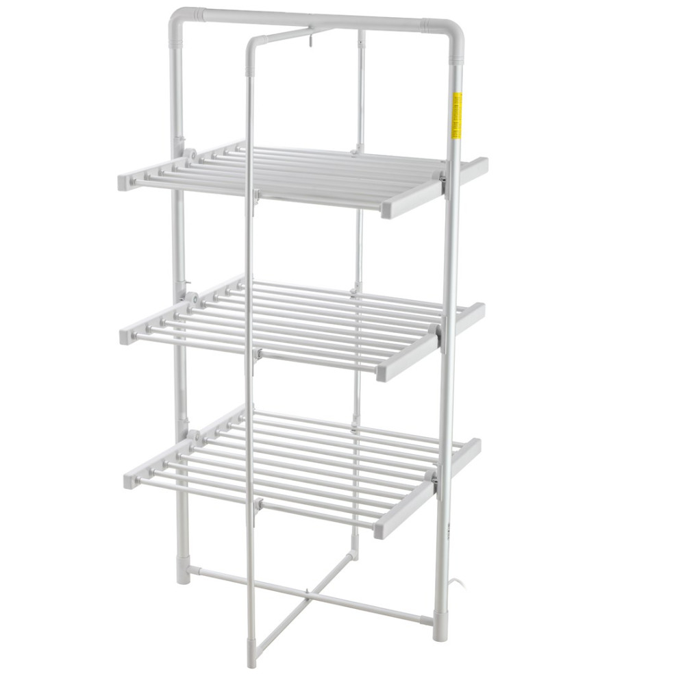 Biała, trzypoziomowa suszarka do ubrań. Ma wiele poziomych prętów do wieszania ubrań. Rama wykonana jest z białych rur.