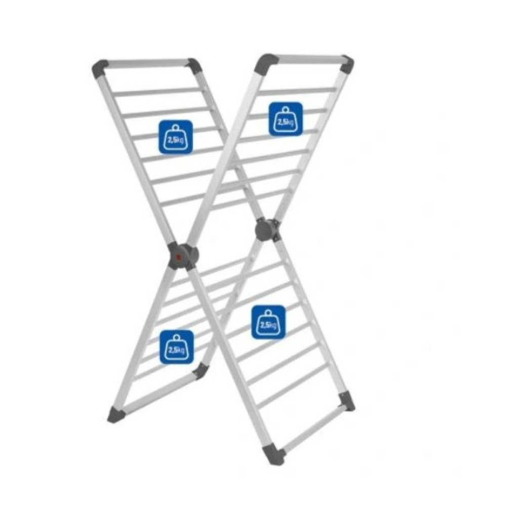 Biało-szara składana suszarka do ubrań. Ma wiele prętów do wieszania ubrań. Pokazano niebieskie ikony o udźwigu 2,5 kg.