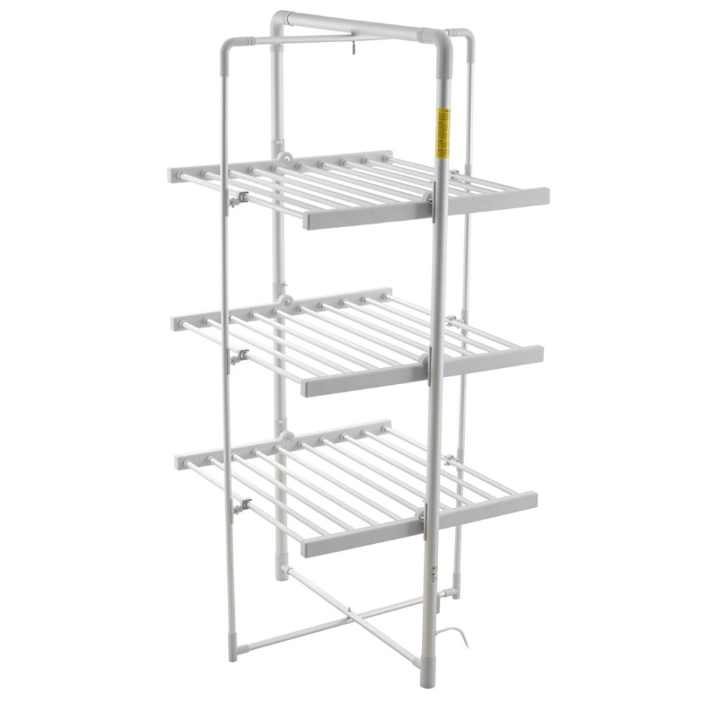 Biała, trzypoziomowa suszarka na ubrania. Posiada wiele poziomych prętów do wieszania ubrań i jest wykonana z białego metalu.