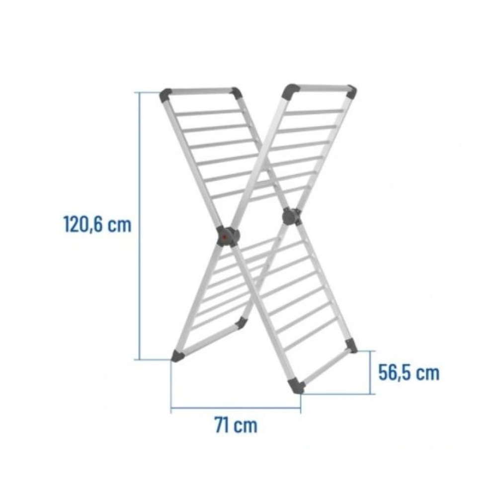 Wyświetlany jest metalowy stojak do suszenia ubrań z podanymi wymiarami. Jest srebrny i ma kształt litery X.
