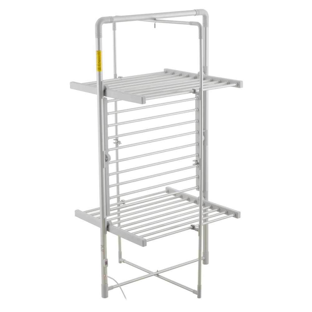 Biała, składana suszarka do ubrań z wieloma poziomami. Posiada poziome pręty do wieszania ubrań.