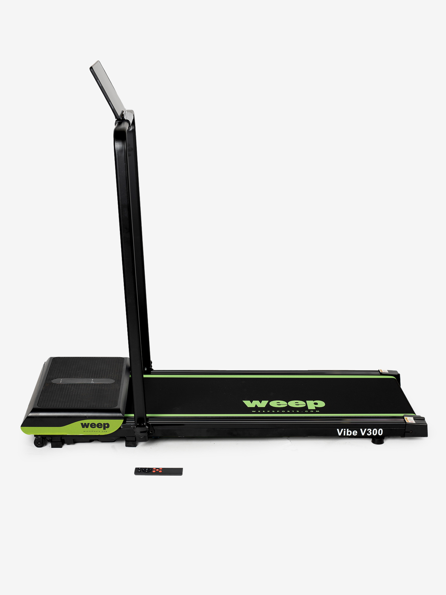 Czarna i zielona bieżnia z pionowym wspornikiem i pilotem. Widoczna jest nazwa marki 'weep'.