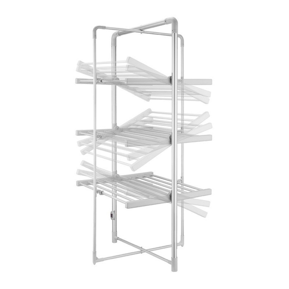 Biała, wielopoziomowa suszarka do ubrań. Każdy poziom ma składane ramiona. Stoi na podstawie w kształcie krzyża. Tło jest białe.