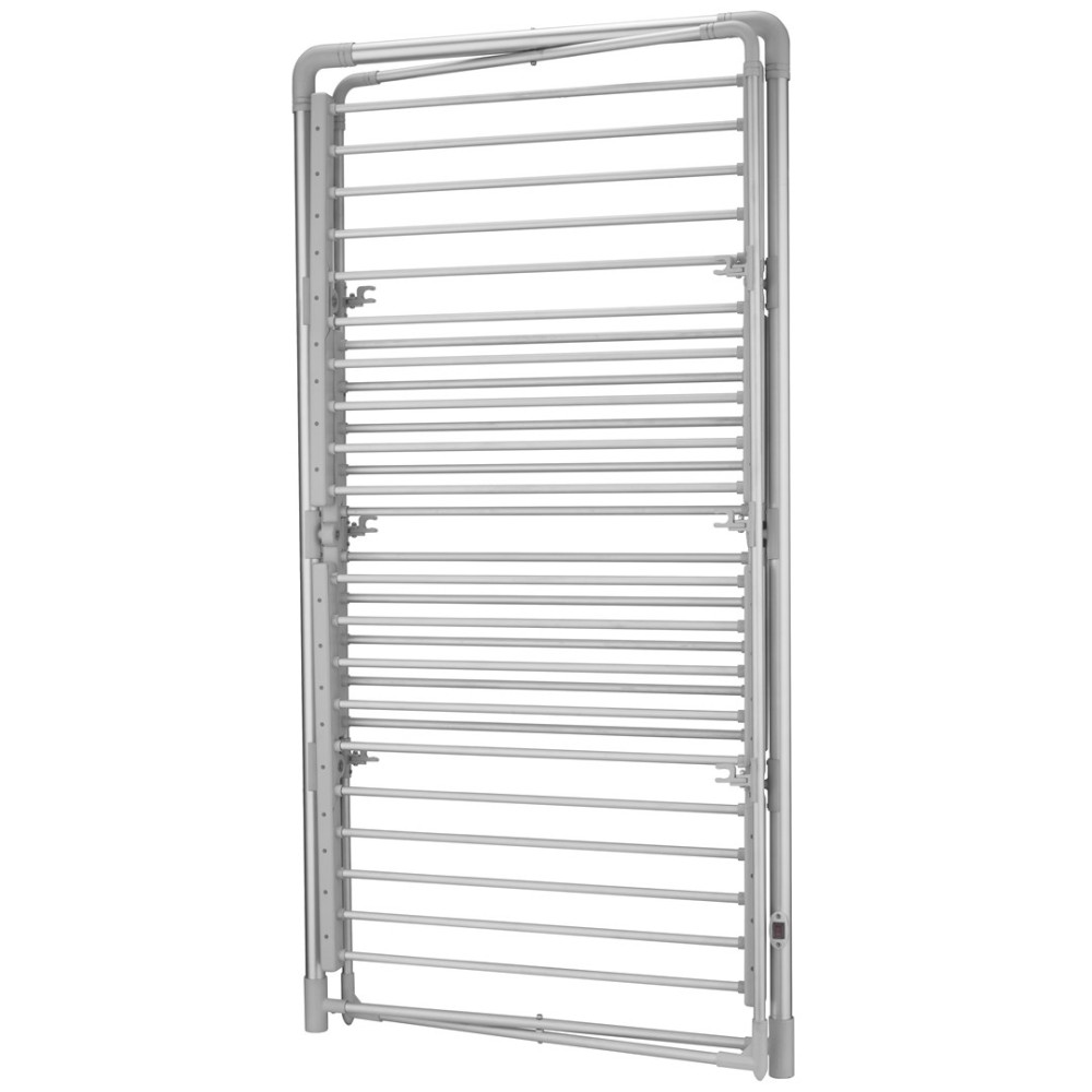 Srebrny, składany wieszak na pranie, z wieloma poziomymi prętami. Stoi na białym tle.