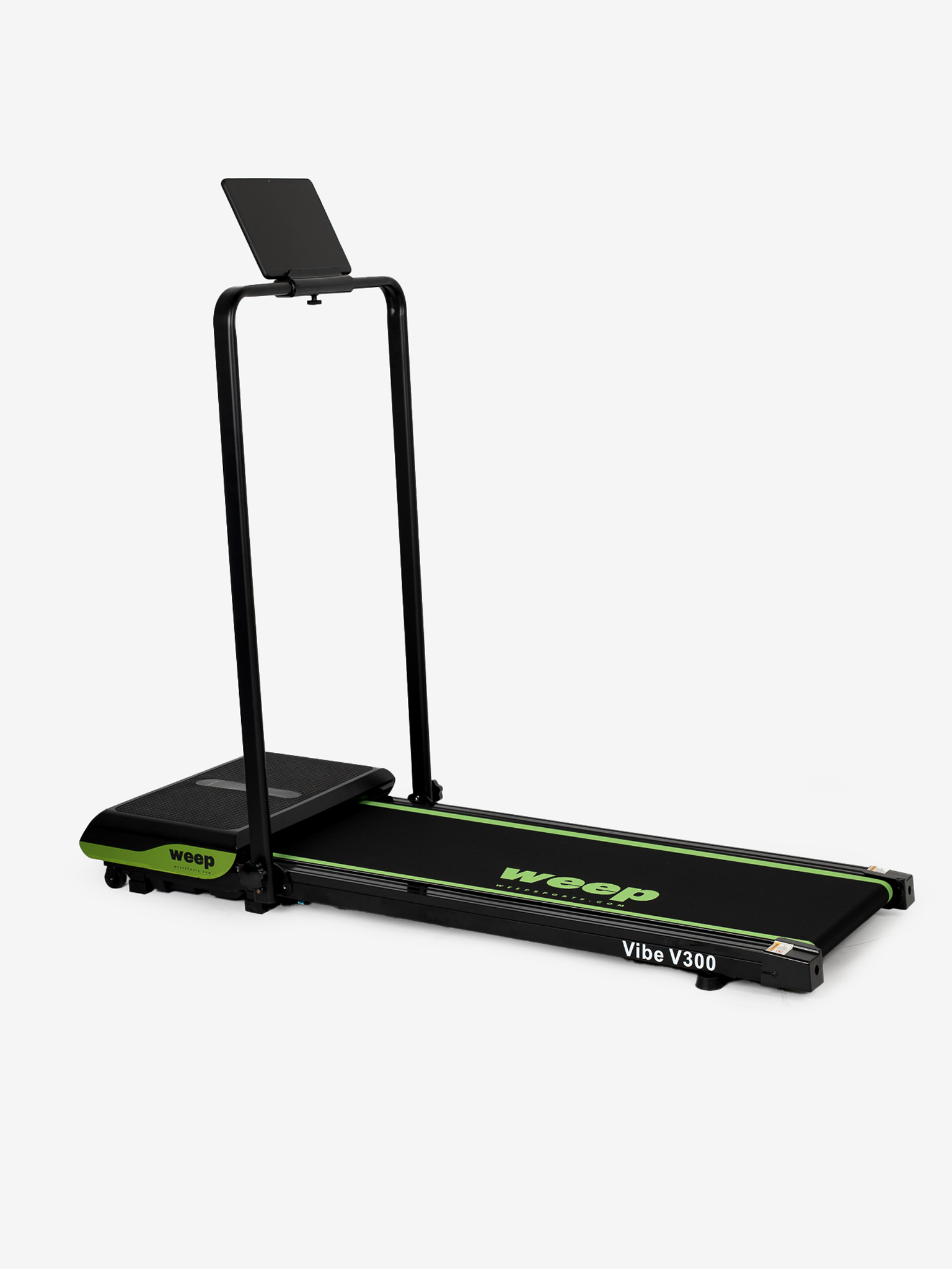 Czarna i zielona bieżnia z uchwytem na tablet. Marka 'weep' jest widoczna.