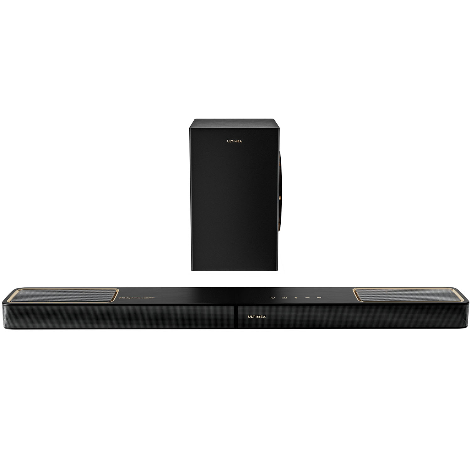 A black soundbar and subwoofer set on a white background. The soundbar is rectangular, and the subwoofer is a tall cube.