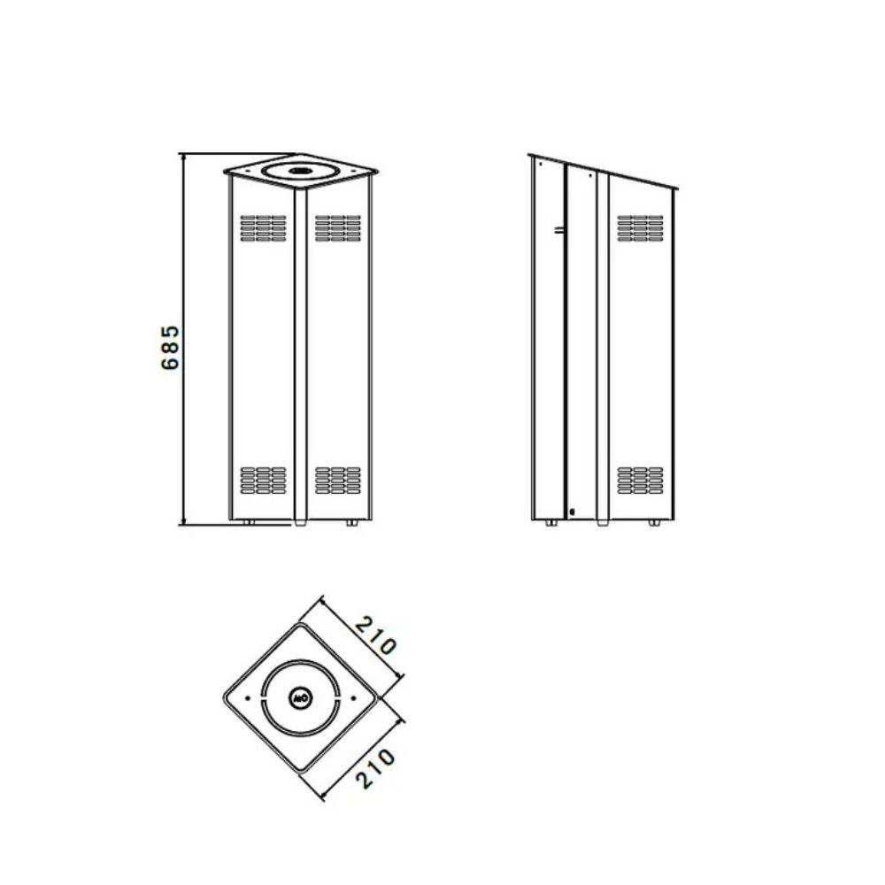 Disegno tecnico di un oggetto rettangolare con dimensioni. Vista dall'alto di un quadrato con un cerchio. Sono mostrate viste laterali e frontali.