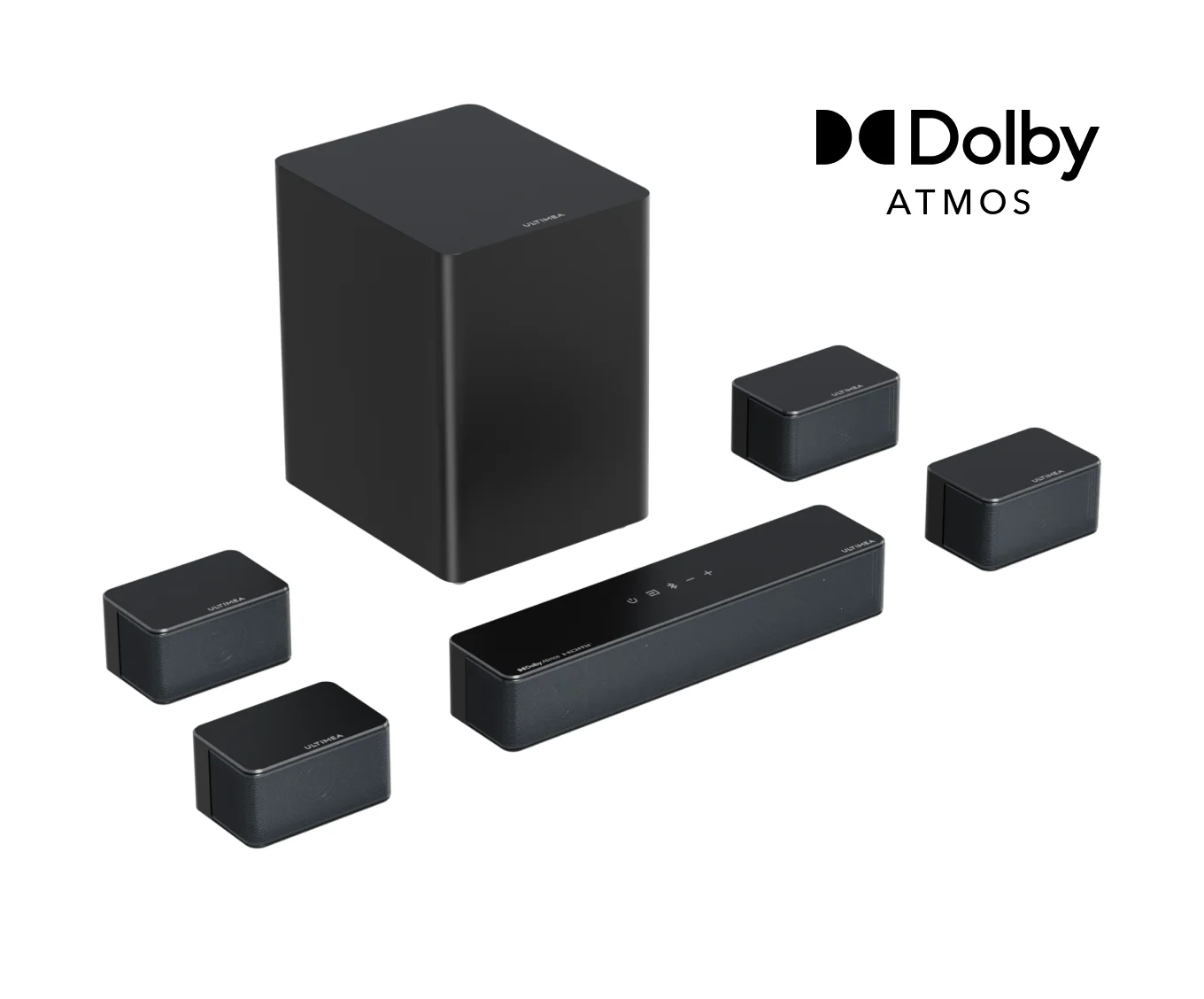 Czarny system audio kina domowego z subwooferem, soundbarem i głośnikami satelitarnymi. Logo Dolby Atmos po prawej stronie.