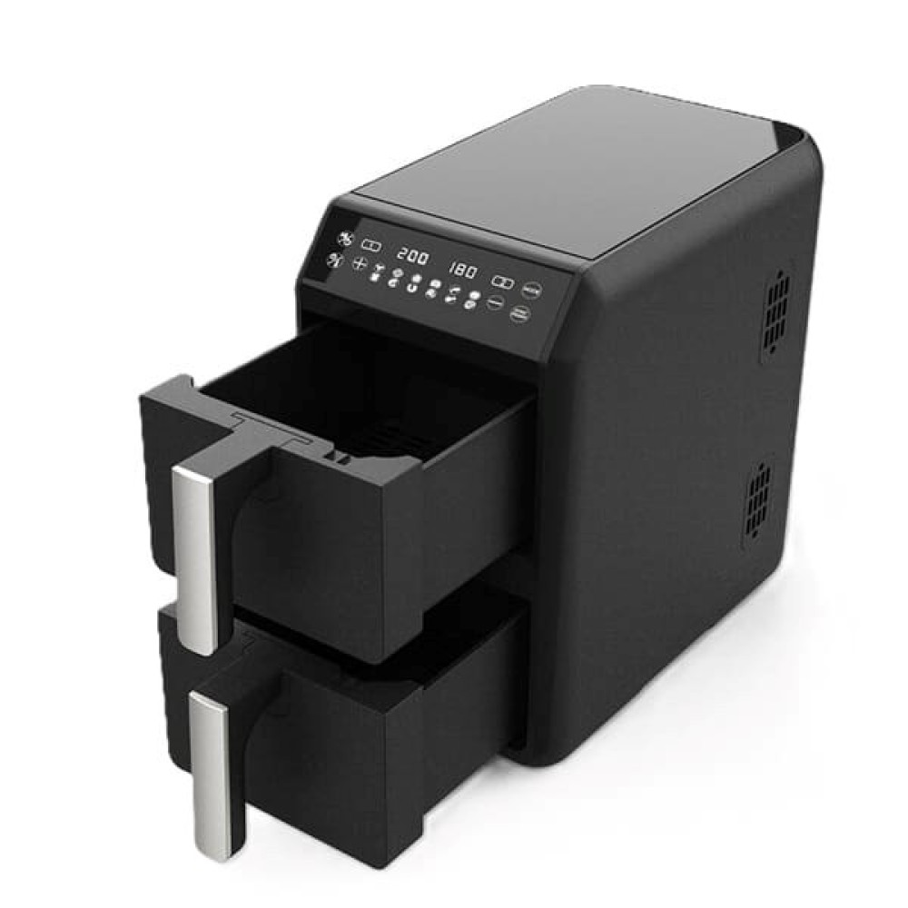 Czarna frytkownica powietrzna z dwiema wysuwanymi szufladami. Posiada wyświetlacz cyfrowy i srebrne uchwyty. Tło jest białe.