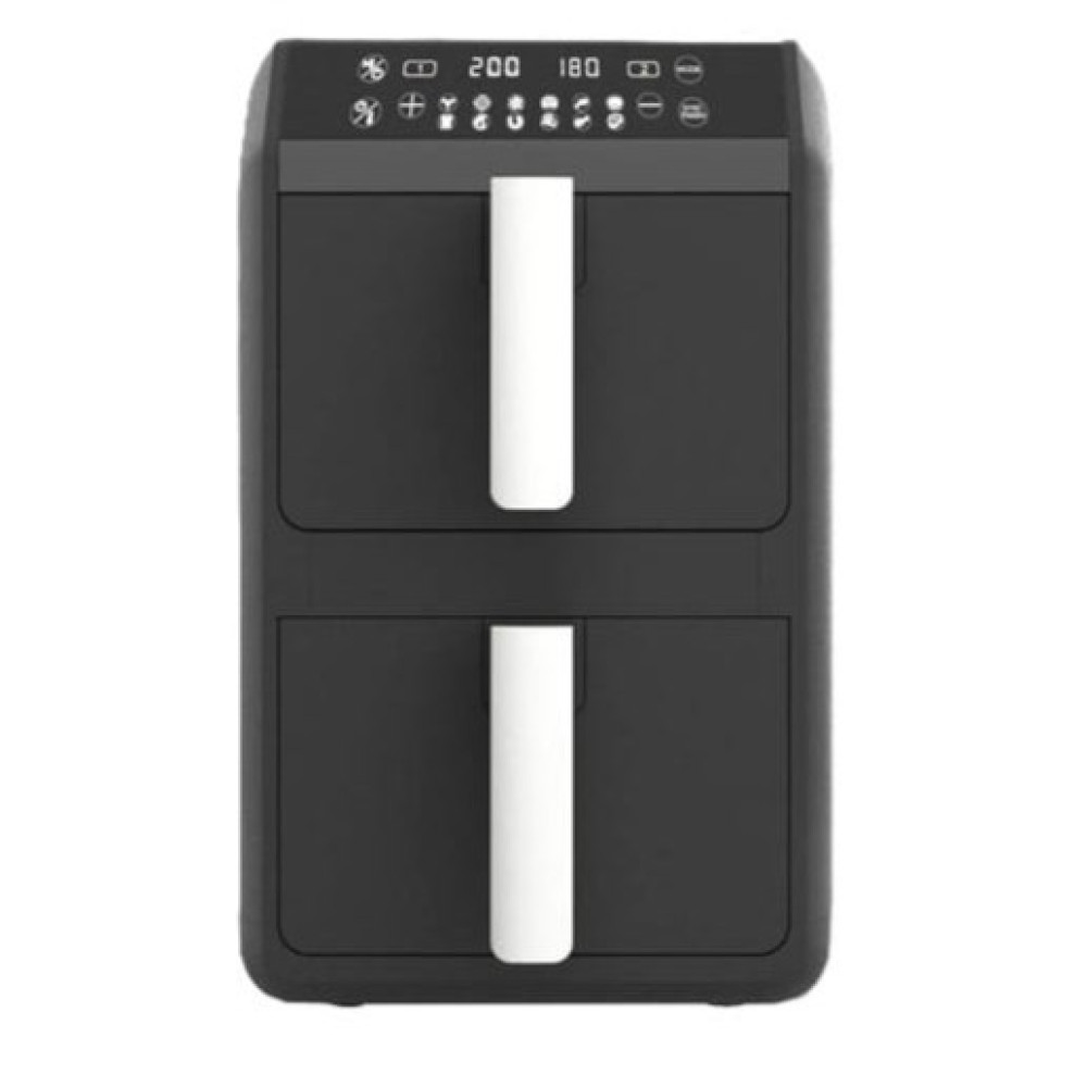 Czarna frytownica powietrzna z dwiema szufladami i białymi uchwytami. Panel sterowania na górze pokazuje ustawienia. Przyciski i wyświetlacz temperatury.