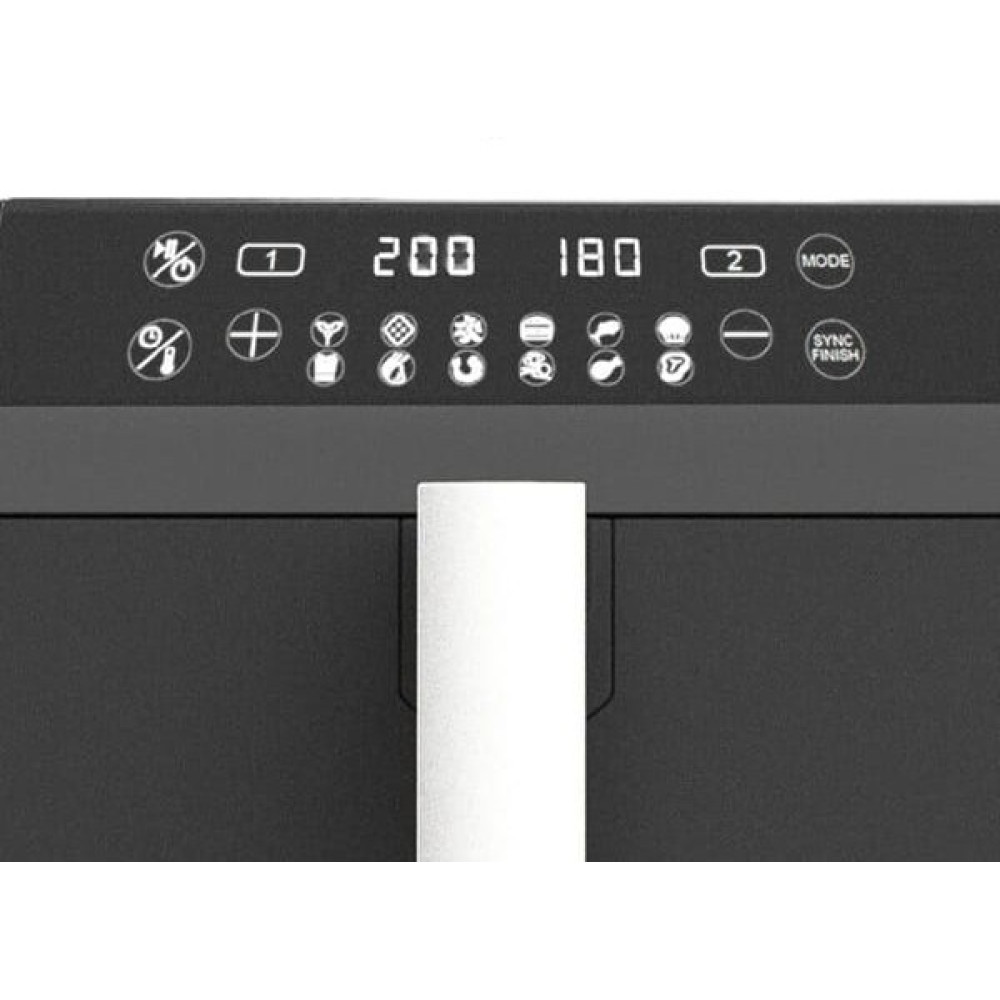 Zbliżenie panelu sterowania frytkownicy powietrznej. Posiada cyfrowe wyświetlacze z numerami i różnymi ikonami żywności oraz biały uchwyt.