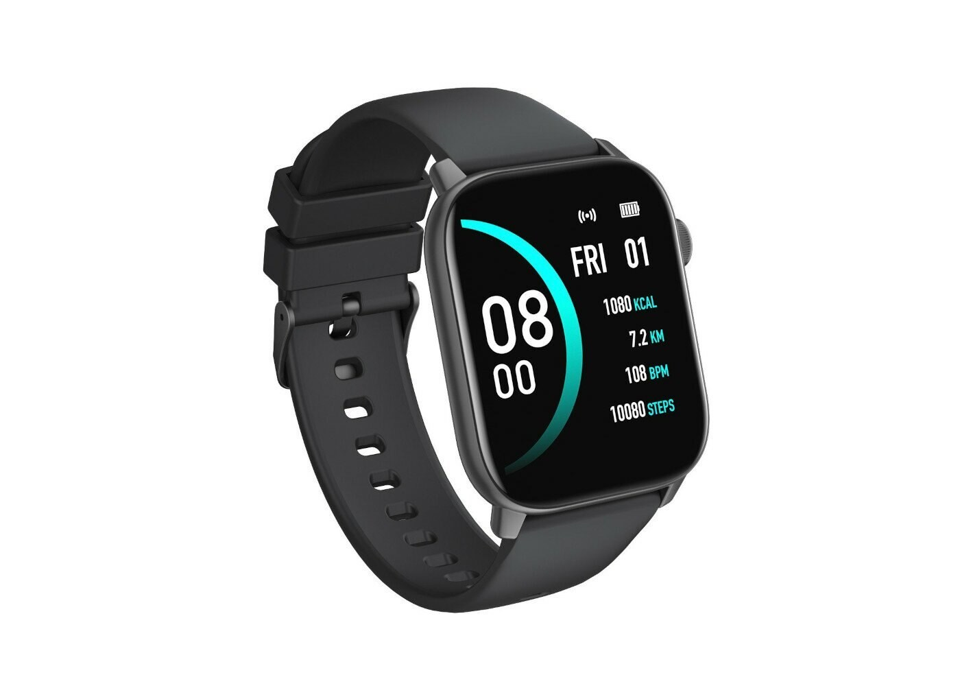 Czarny smartwatch wyświetla czas, datę i wskaźniki fitness na białym tle.
