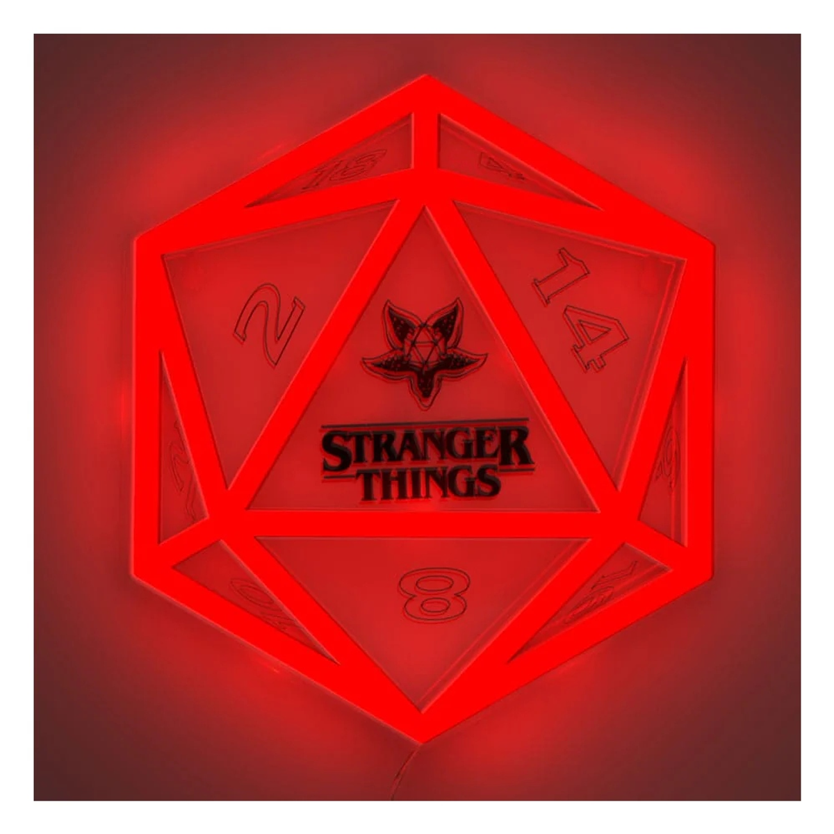 Czerwona podświetlana kostka d20 z logo Stranger Things. Widoczne są liczby i kwiat podobny do Demogorgona.