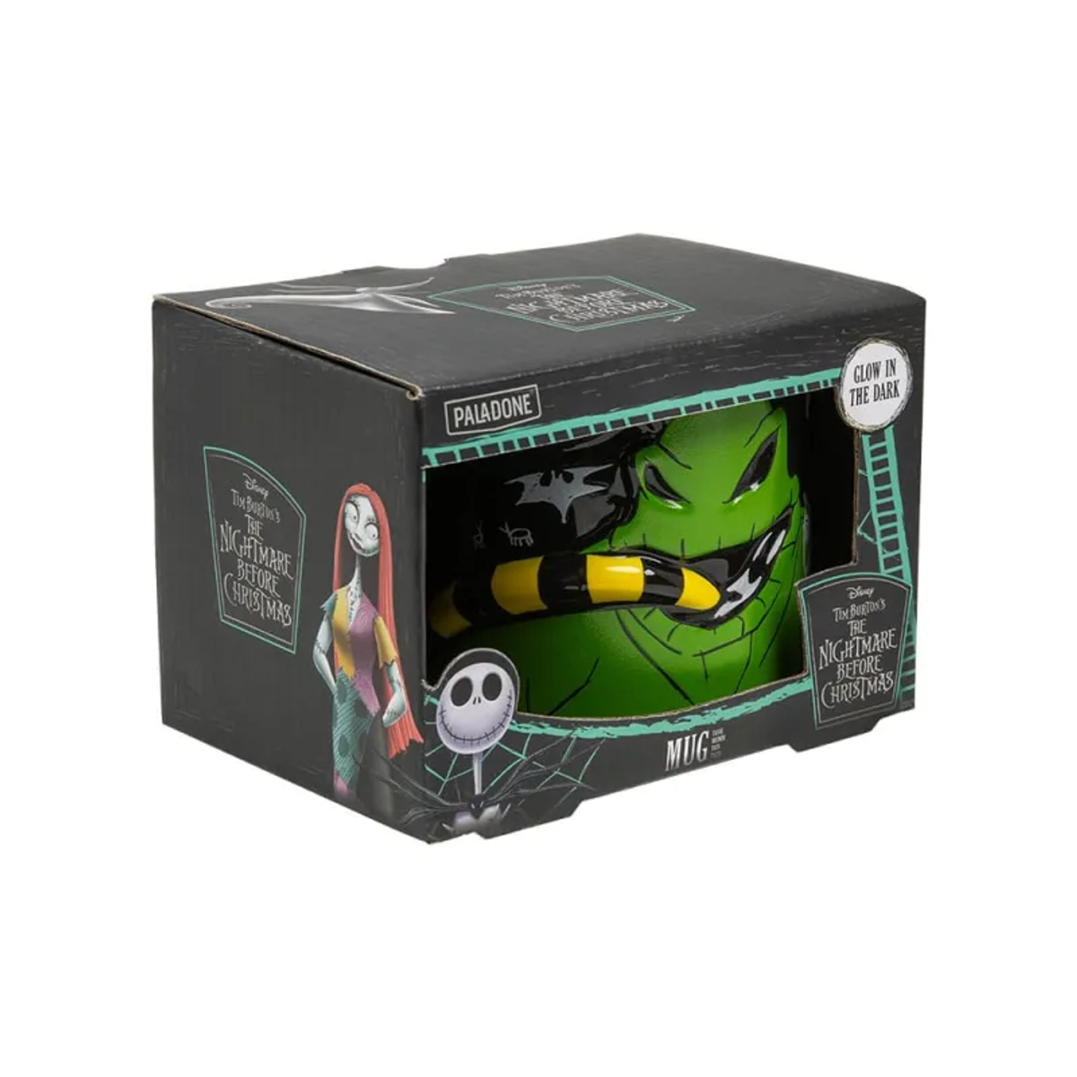 Zielony kubek Oogie Boogie w czarnym pudełku. Pudełko ma markę The Nightmare Before Christmas z Sally i Jackiem.