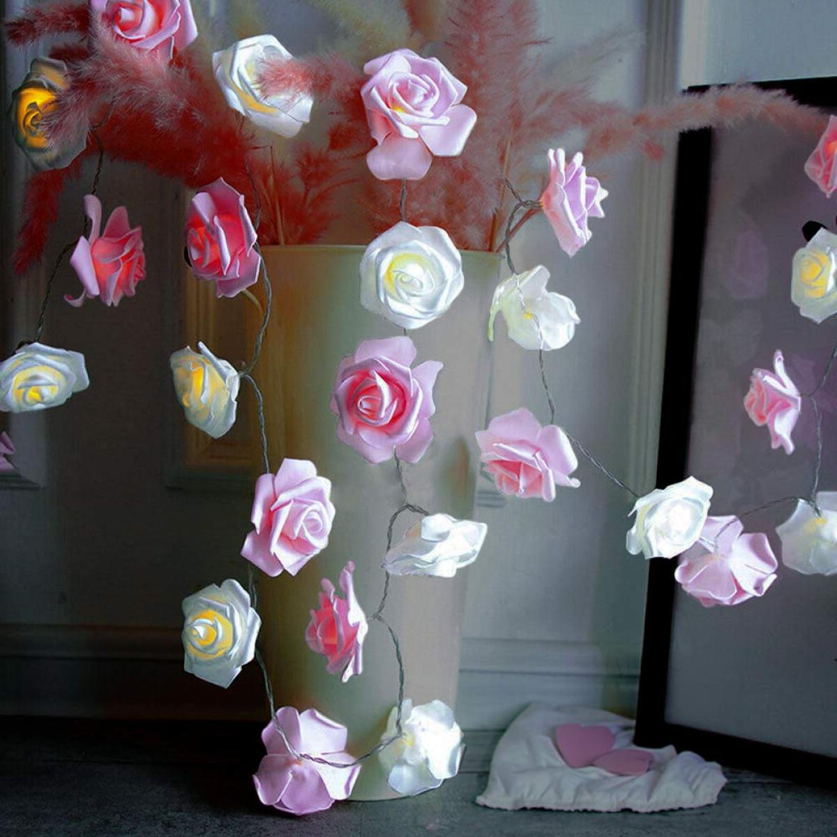 Pink and white rose string lights draped, lit. A vase with pink pampas grass. A picture frame and a white pillow.