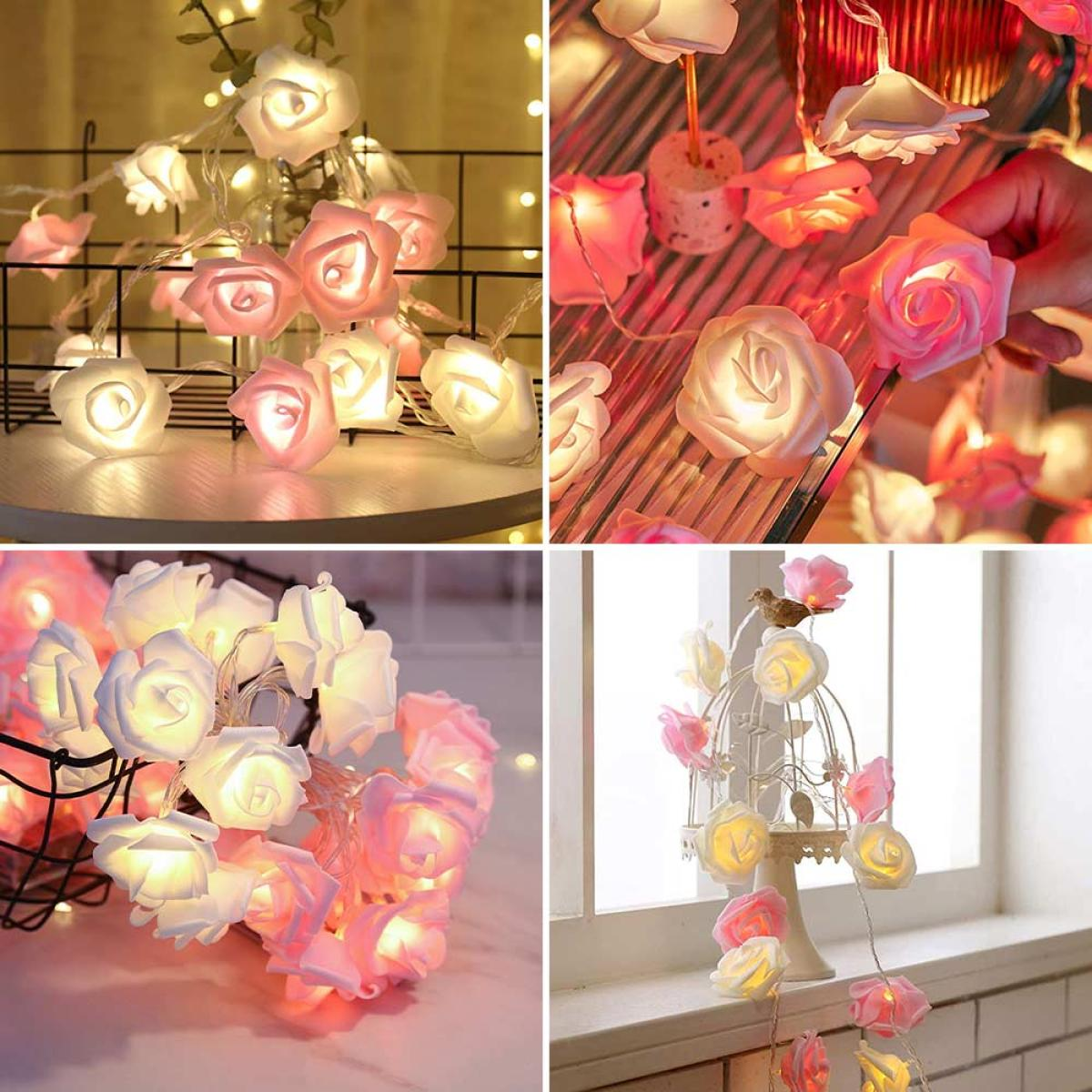 Four images of rose-shaped fairy lights. They are white and pink. Some are on a table, in a hand, and with a birdcage.